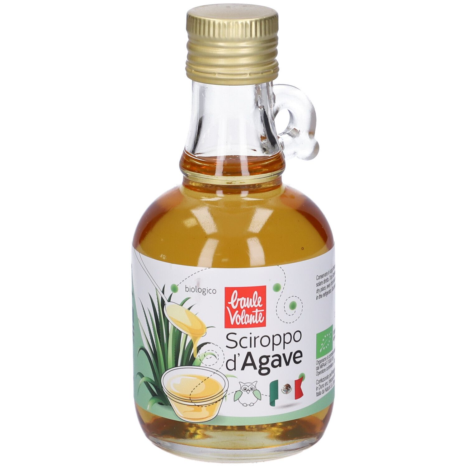 Piccola bottiglia di vetro con tappo dorato e manico. Etichetta con testo: Sciroppo d'Agave, biologico. Logo bio UE.