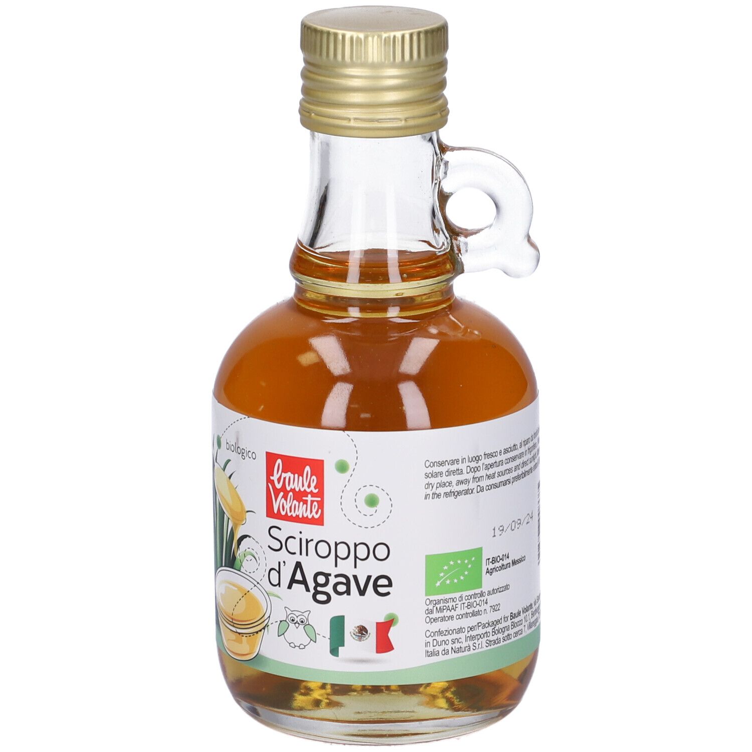 Piccola bottiglia di vetro con tappo dorato e manico. Etichetta con testo: Sciroppo d'Agave, biologico. Data di scadenza.