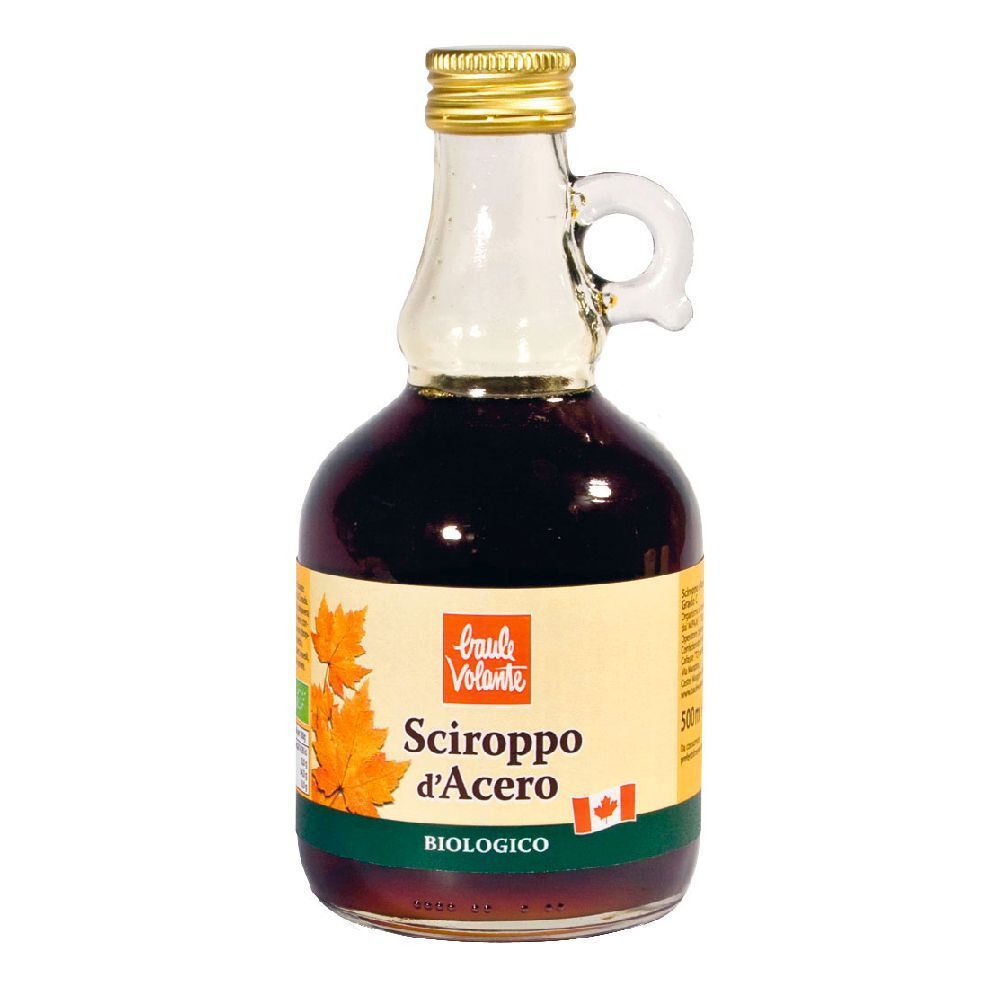 Bottiglia di vetro di sciroppo d'acero. Etichetta con "Sciroppo d'Acero" e bandiera canadese. Tappo dorato e manico.