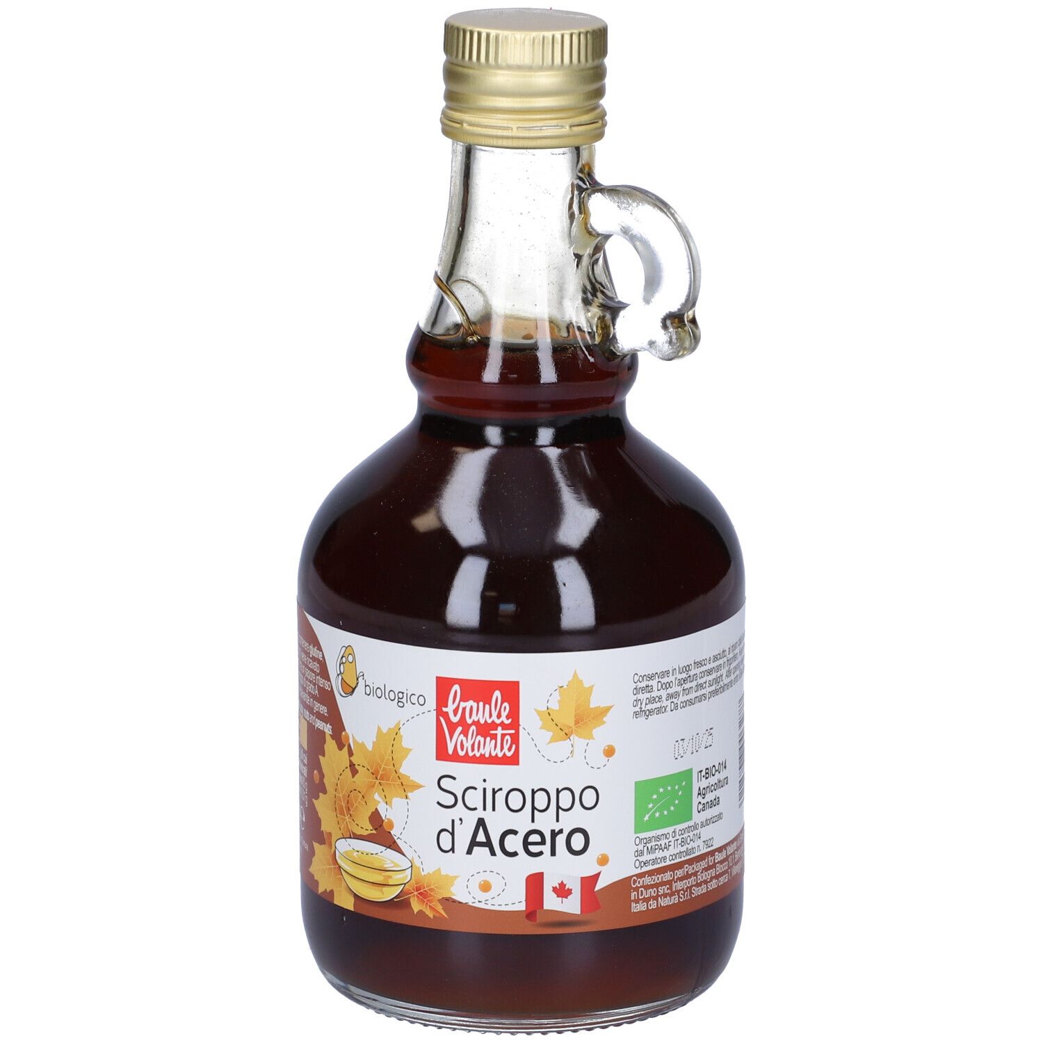 Bottiglia di sciroppo d'acero. Etichetta con "Sciroppo d'Acero", bandiera canadese e logo bio. Tappo dorato.