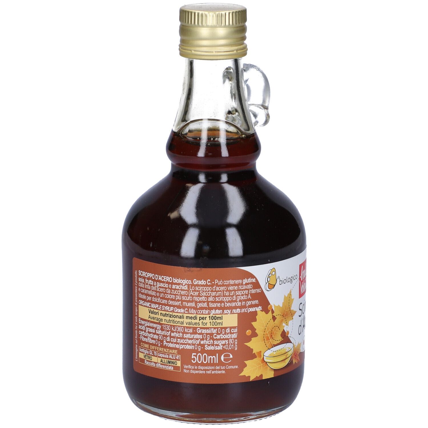 Bottiglia di sciroppo d'acero. Etichetta con "Sciroppo d'Acero", bandiera canadese e logo bio. Tappo dorato.