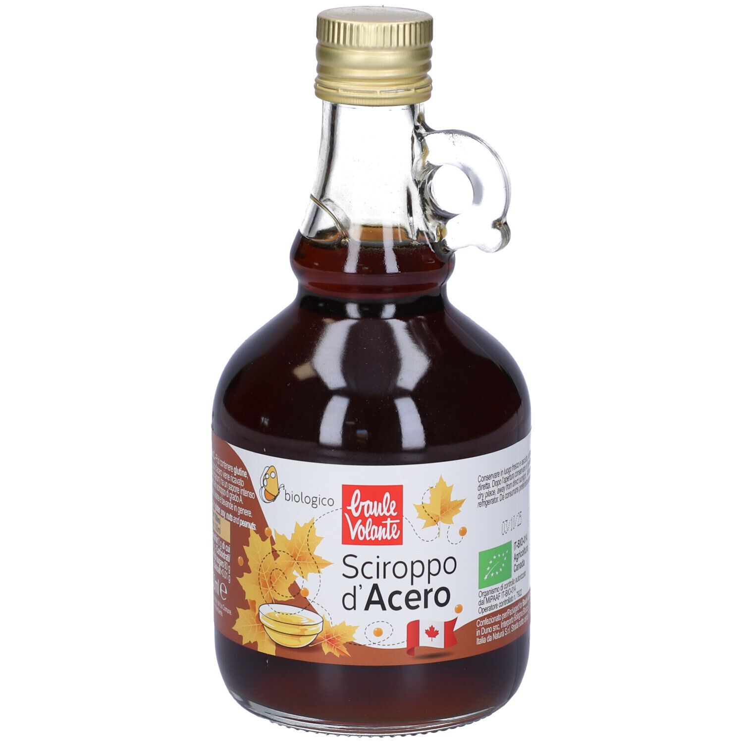 Bottiglia di sciroppo d'acero. Etichetta con "Sciroppo d'Acero", bandiera canadese e logo bio. Tappo dorato.