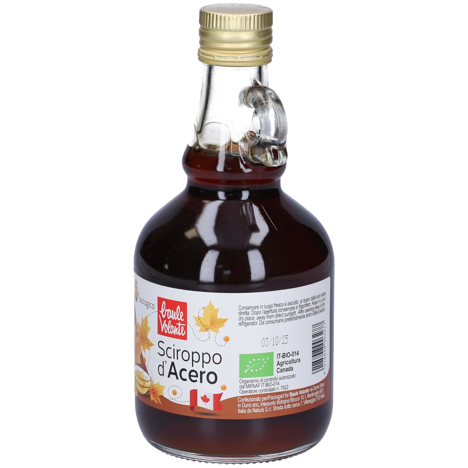 Bottiglia di sciroppo d'acero. Etichetta con "Sciroppo d'Acero", bandiera canadese e logo bio. Tappo dorato.