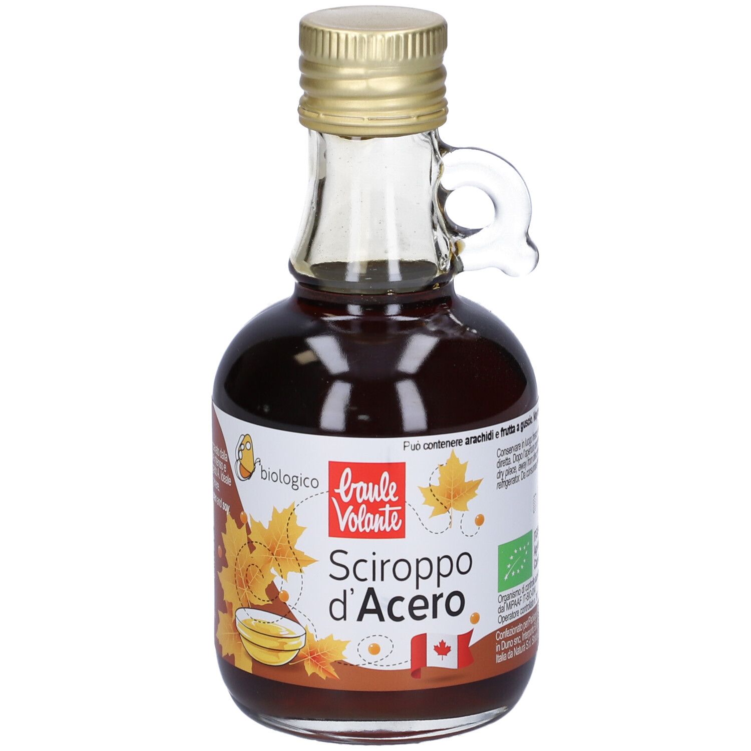 Bottiglia in vetro di sciroppo d'acero. Etichetta con testo, foglie d'acero e bandiera canadese. Tappo dorato e manico.