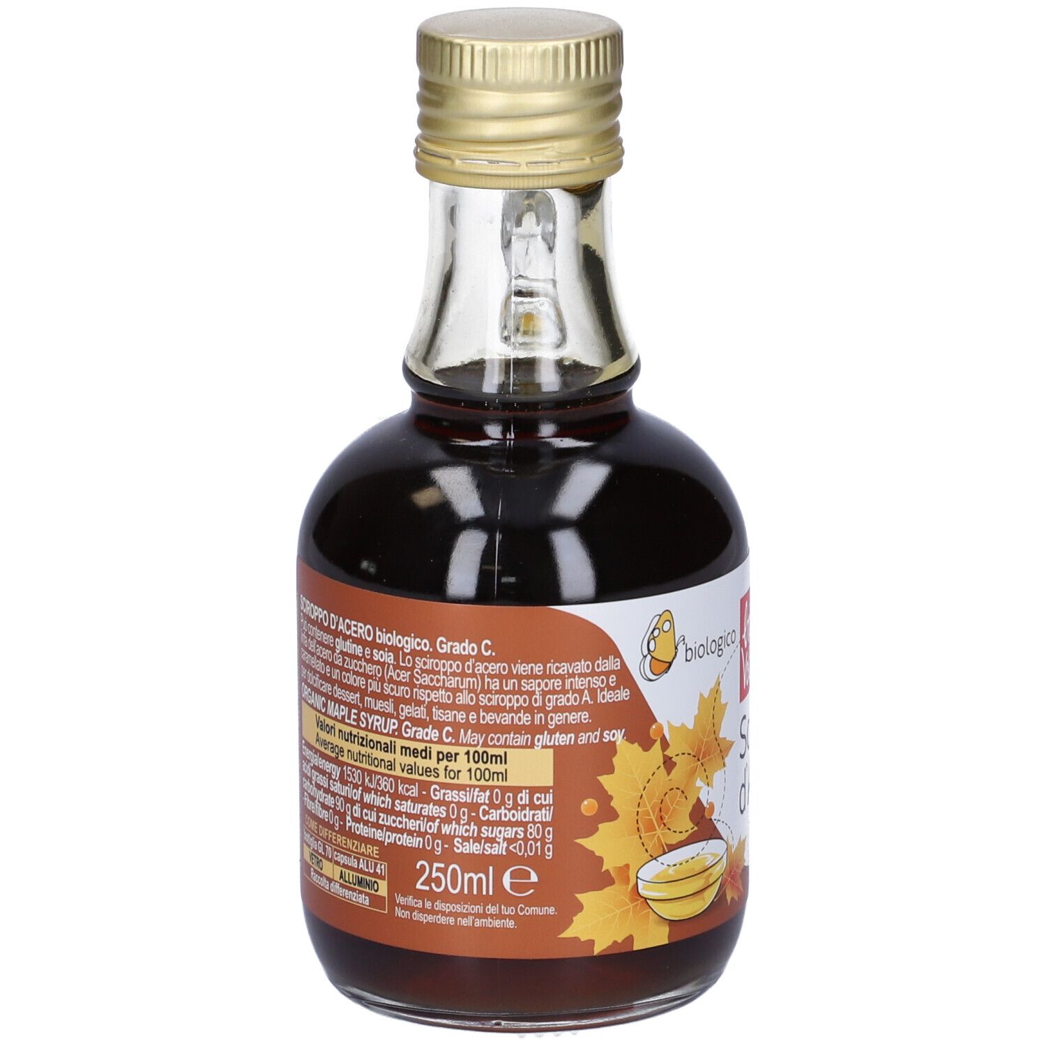 Bottiglia in vetro di sciroppo d'acero. Etichetta con testo, foglie d'acero e bandiera canadese. Tappo dorato e manico.