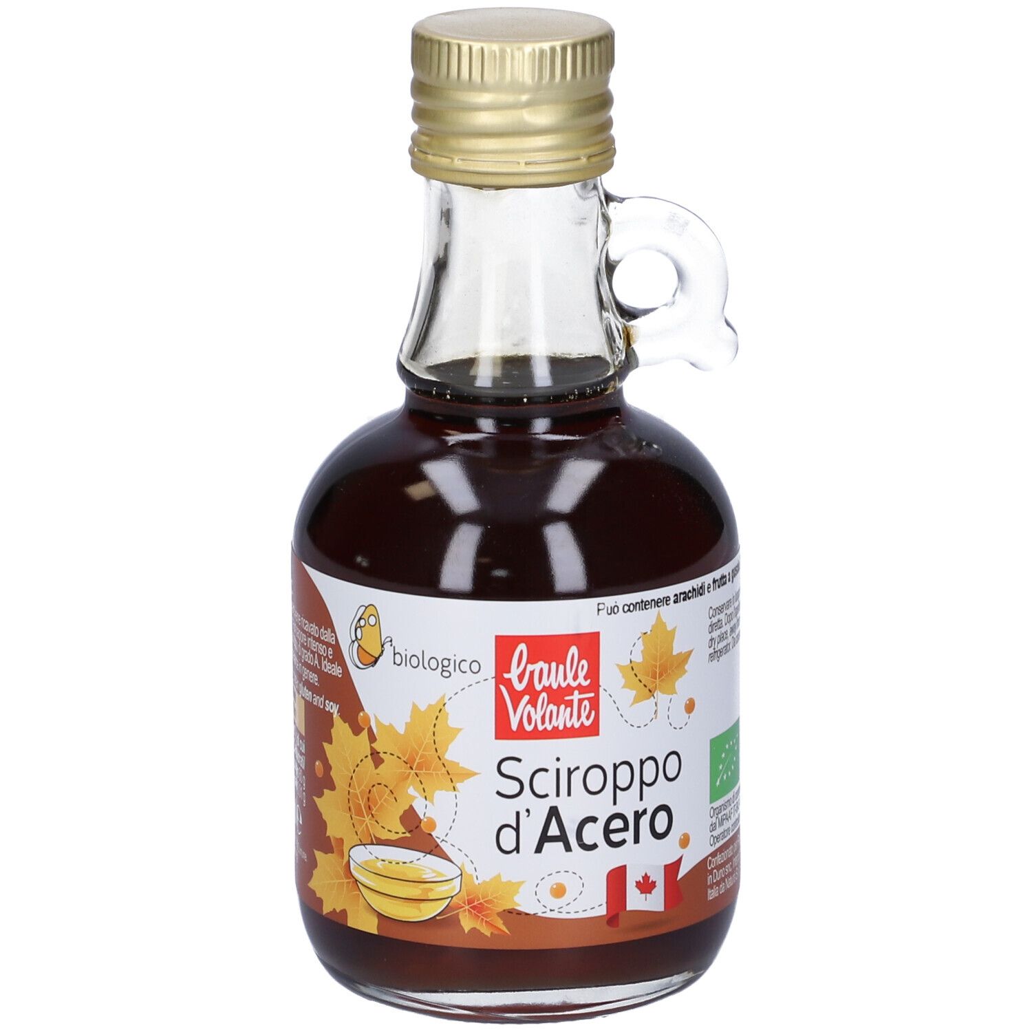 Bottiglia in vetro di sciroppo d'acero. Etichetta con testo, foglie d'acero e bandiera canadese. Tappo dorato e manico.