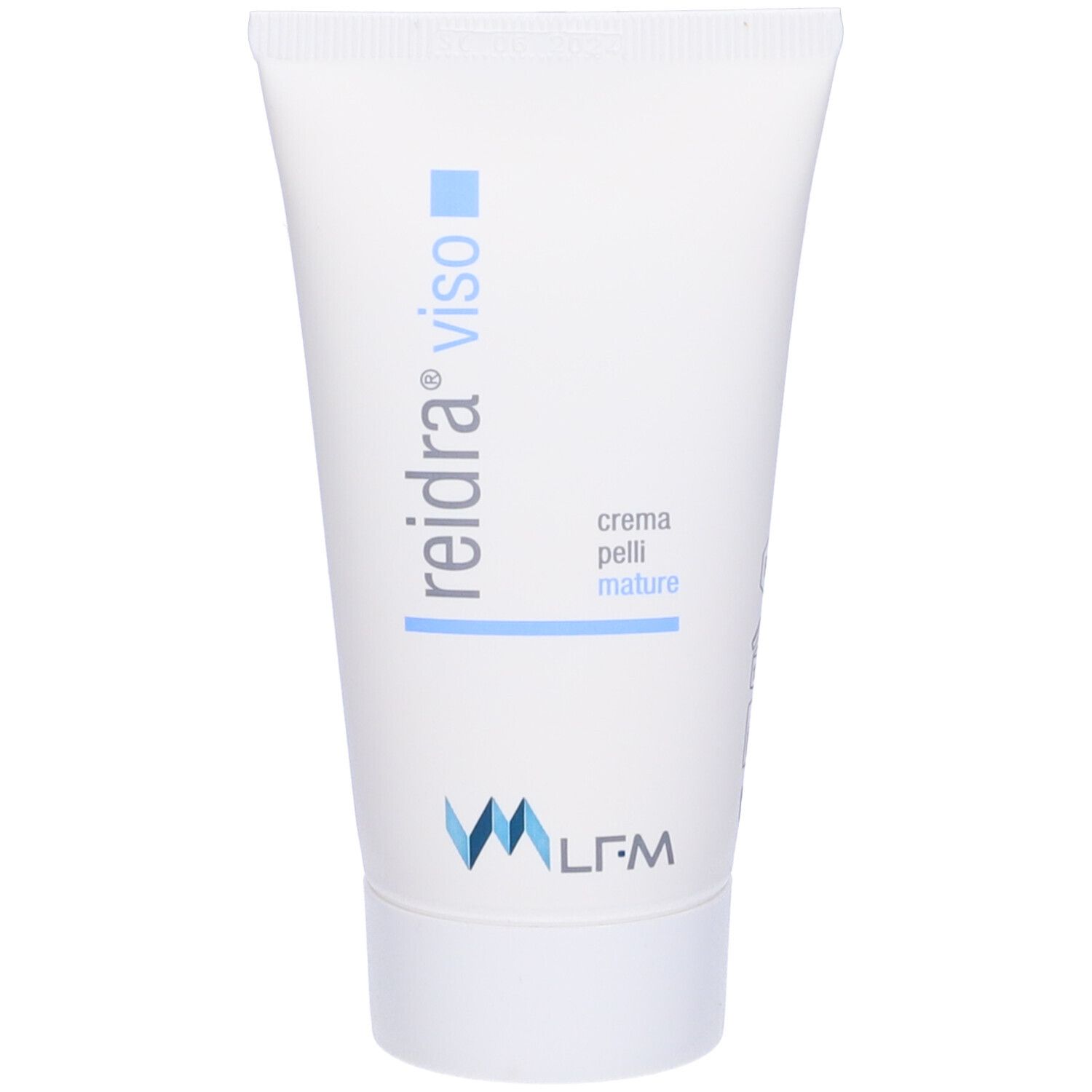 Tubo bianco con testo blu. Testo: reidra viso, crema pelli mature.