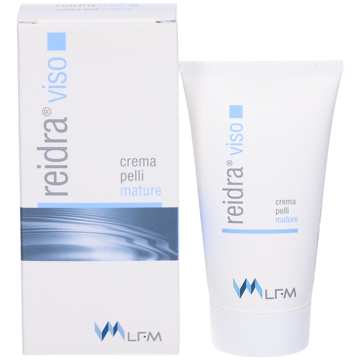 Prodotto e confezione. Tubo e scatola. Testo: reidra viso, crema pelli mature.