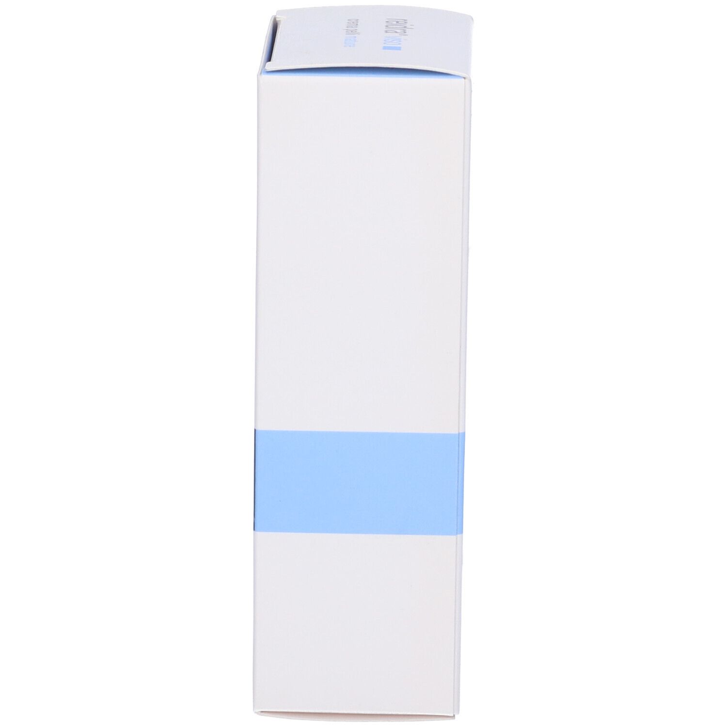 Scatola. Lato con striscia blu. Testo. Logo.