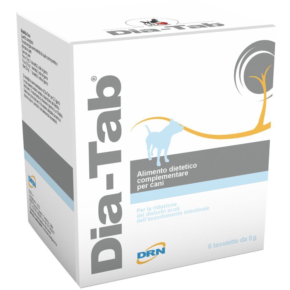 Weiße Schachtel mit "Dia-Tab"-Logo. Enthält 6 Tabletten. Text: "Alimento dietetico complementare per cani". Marke: DRN.