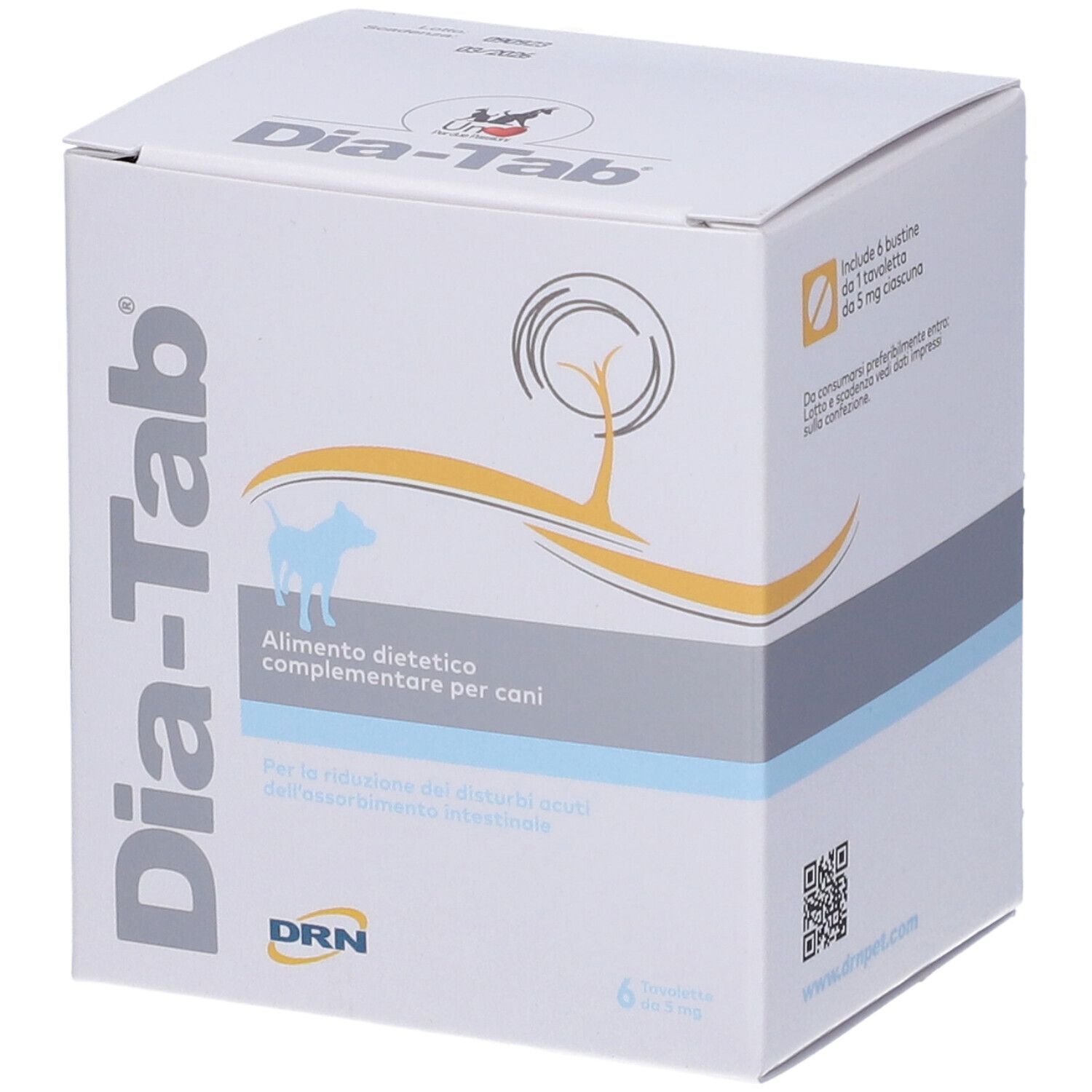Weiße Schachtel "Dia-Tab". Enthält 6 Tabletten. Text: "Alimento dietetico complementare per cani". Marke: DRN. QR-Code.