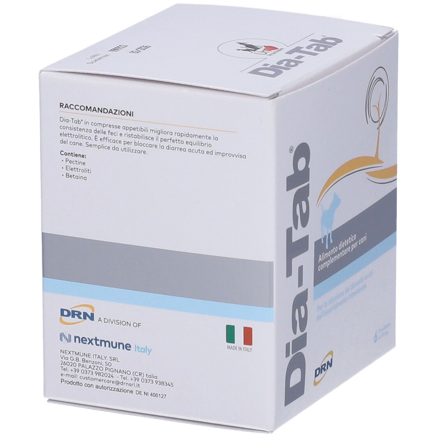 Weiße Schachtel "Dia-Tab". Text: "Alimento dietetico complementare per cani". Enthält 6 Tabletten. Marke: DRN. QR-Code.