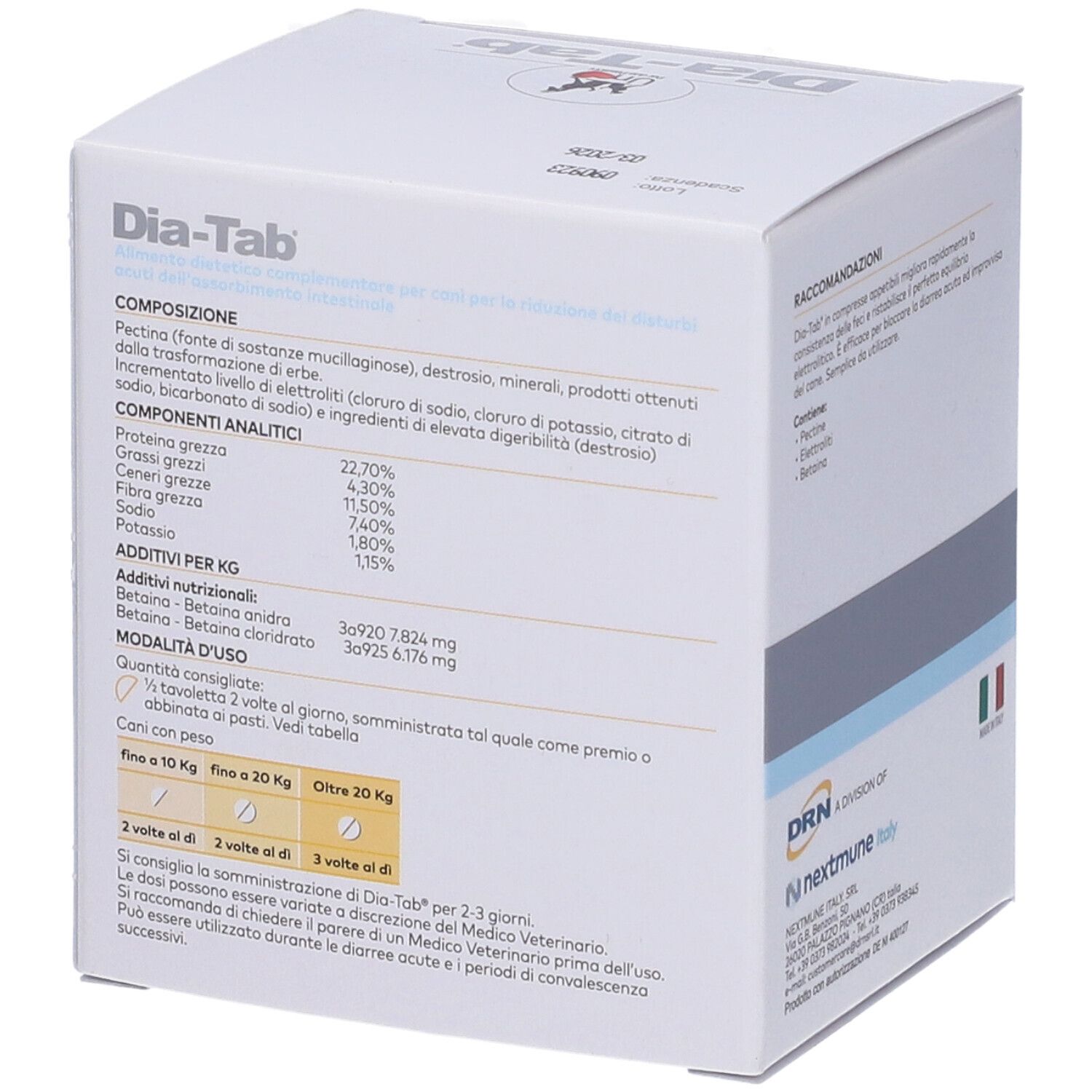 Weiße Schachtel "Dia-Tab". Text auf Italienisch. Enthält Informationen zu Inhaltsstoffen und Anwendung. Marke: DRN.
