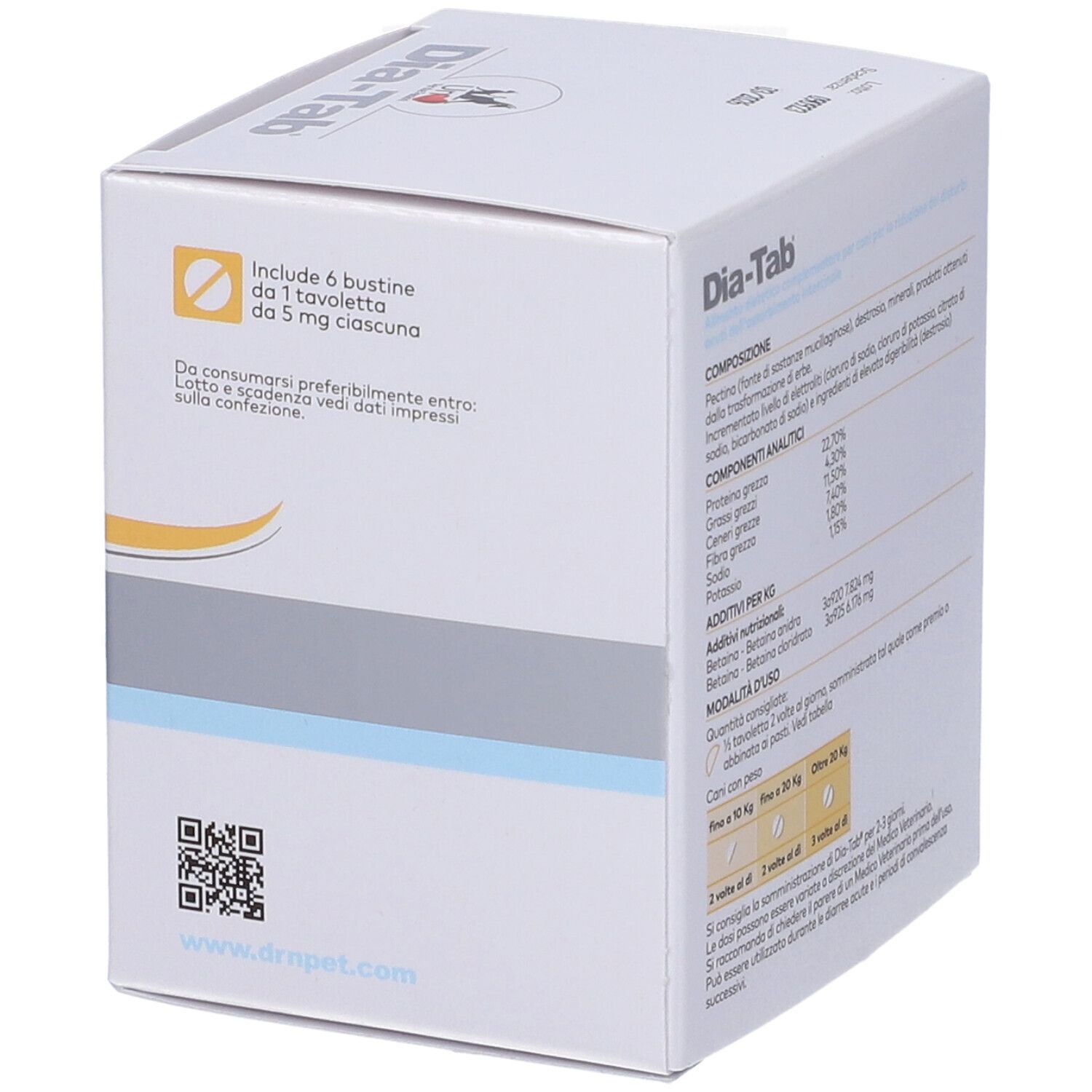 Weiße Schachtel "Dia-Tab". Rückseite mit Inhaltsangaben und Dosierung. Marke: DRN. QR-Code.