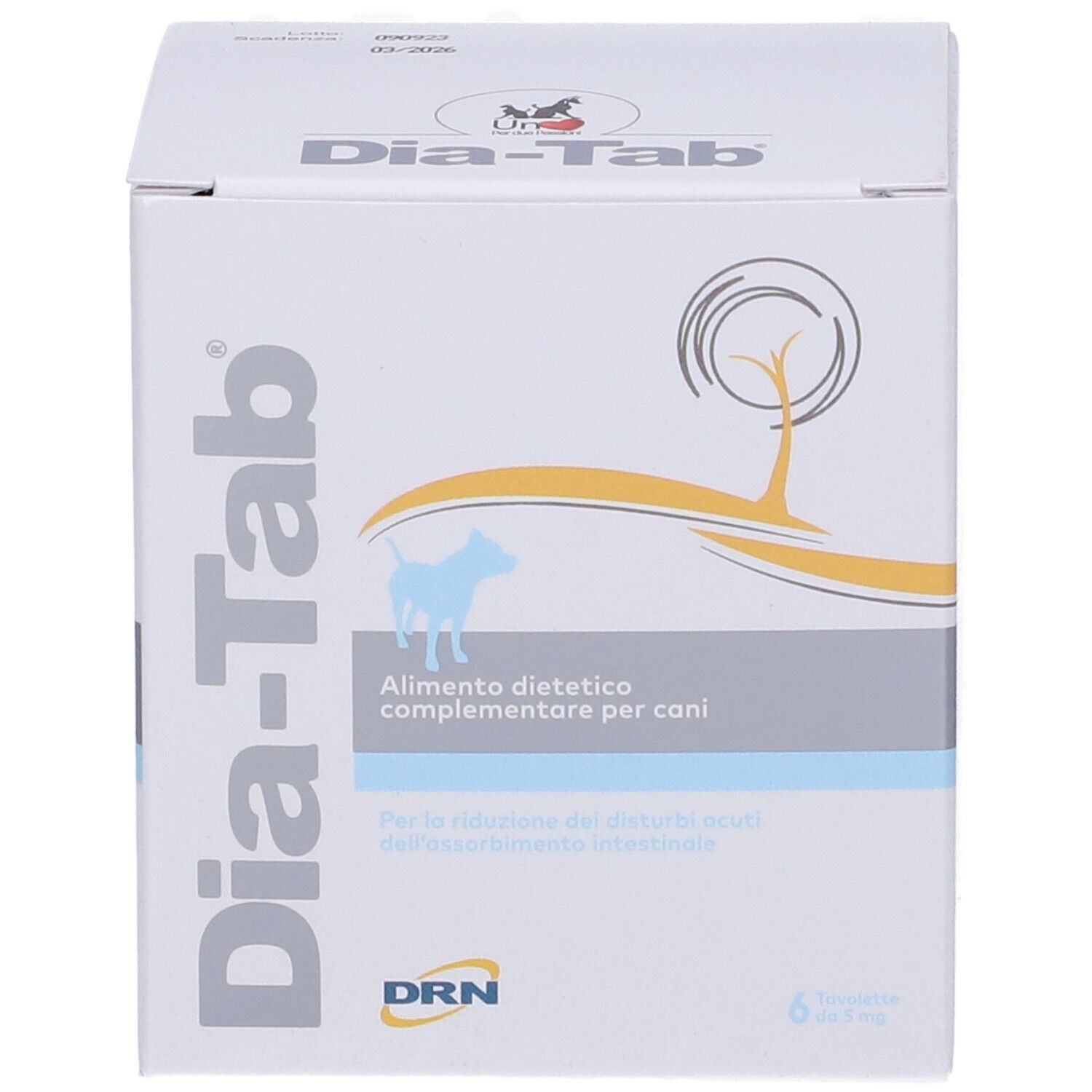 Weiße Schachtel "Dia-Tab". Enthält 6 Tabletten. Text: "Alimento dietetico complementare per cani". Marke: DRN.