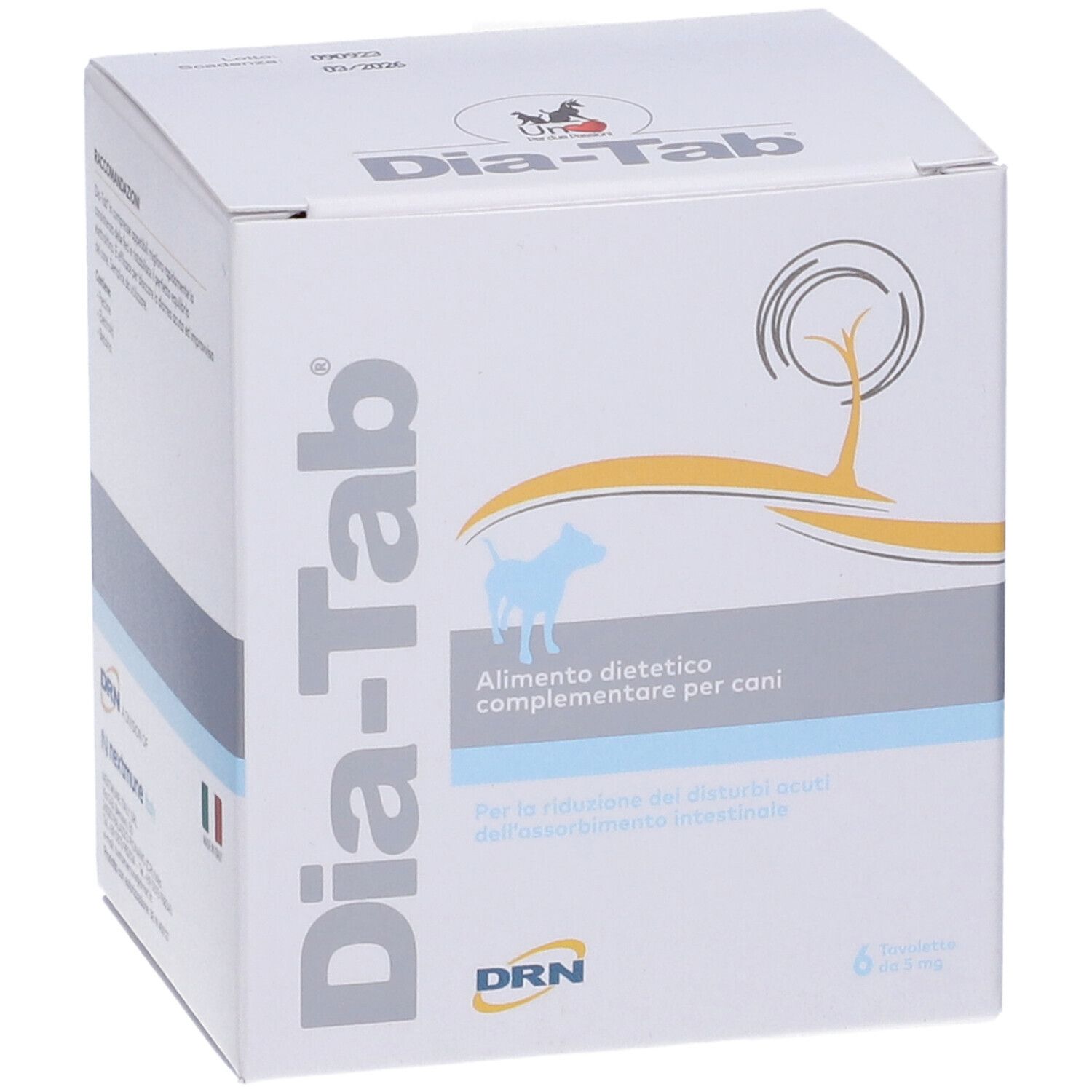 Weiße Schachtel "Dia-Tab". Text: "Alimento dietetico complementare per cani". Enthält 6 Tabletten. Marke: DRN.