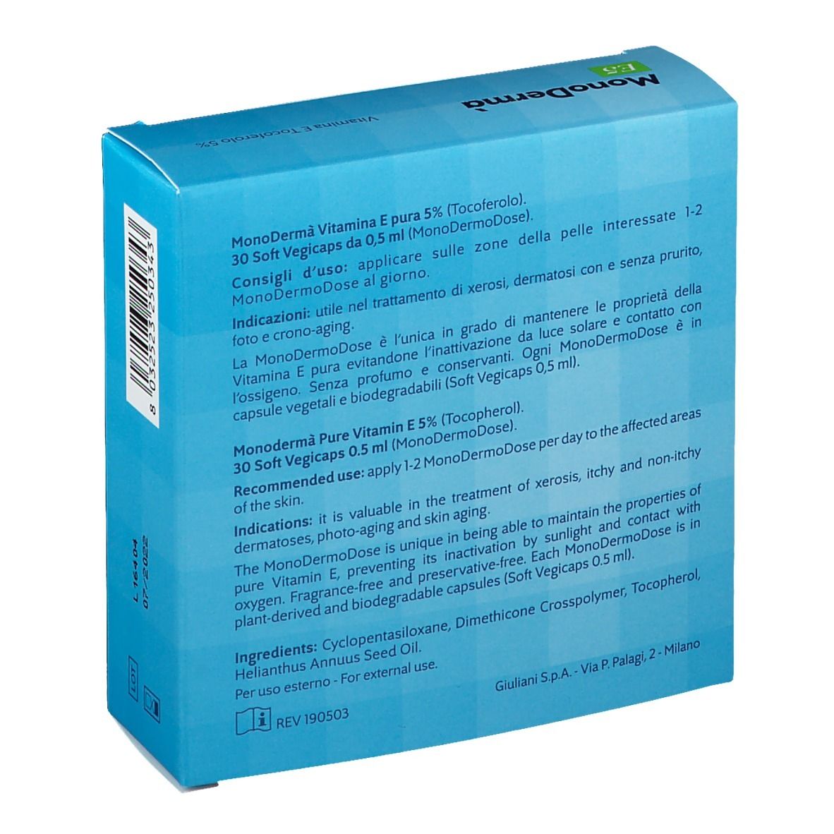 Rückseite der blauen Schachtel mit Produktinformationen. Enthält 30 MonoDermoDose.