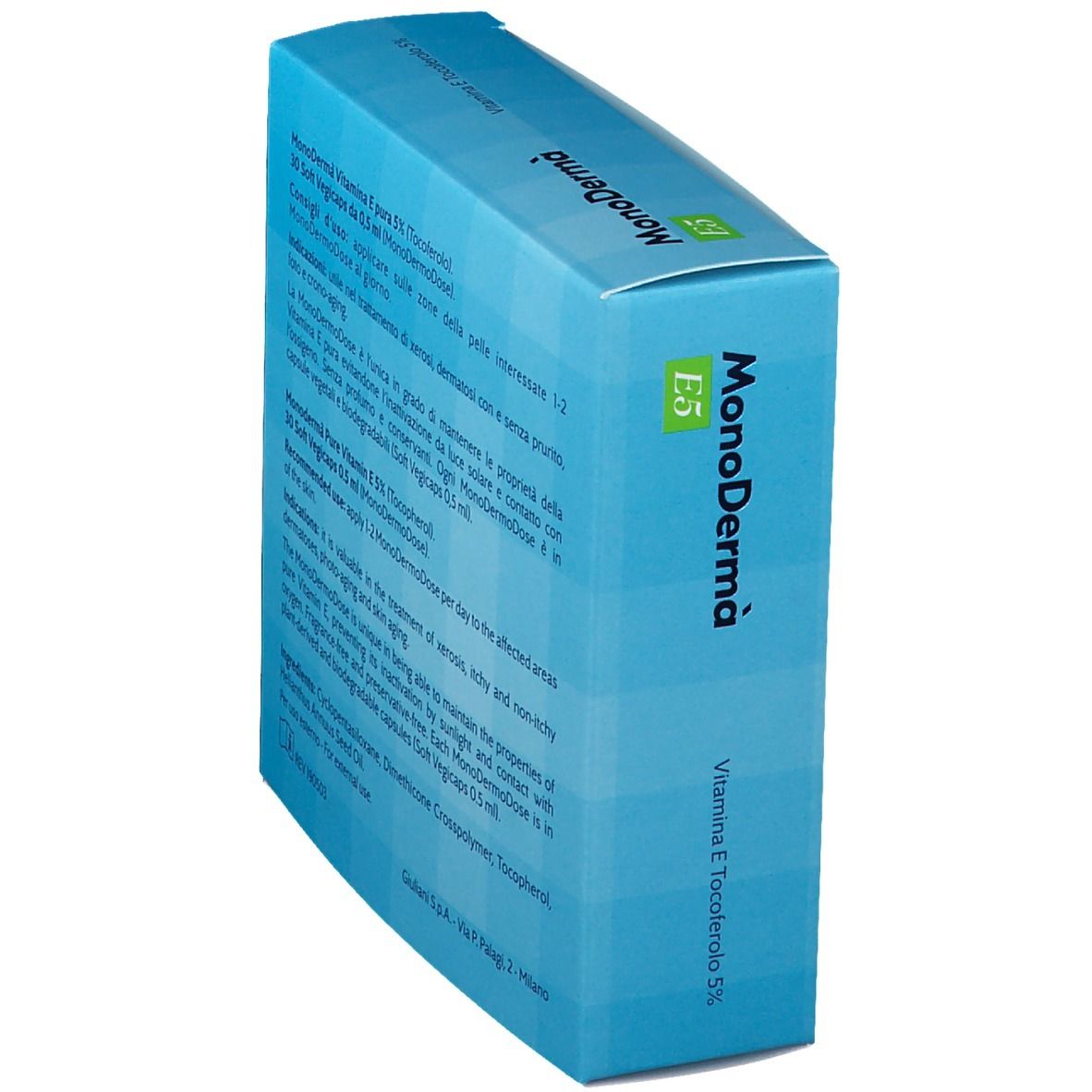 Blaue Schachtel mit MonoDerma und E5. Produktinformationen auf der Seite.