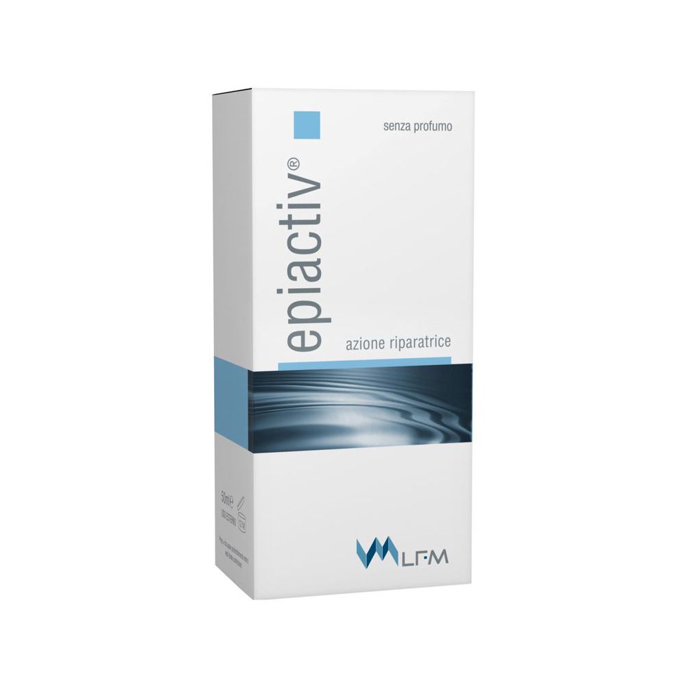 Scatola bianca con marchio blu. Testo: epiactiv, azione riparatrice, senza profumo. Logo.