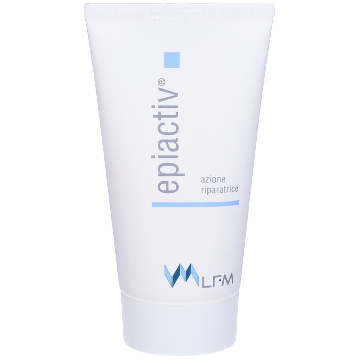 Tubo bianco con testo blu: epiactiv, azione riparatrice. Logo. Senza tappo.