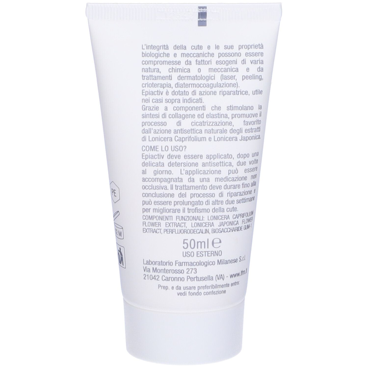 Retro del tubo bianco. Testo in italiano. 50ml. Logo. Ingredienti.