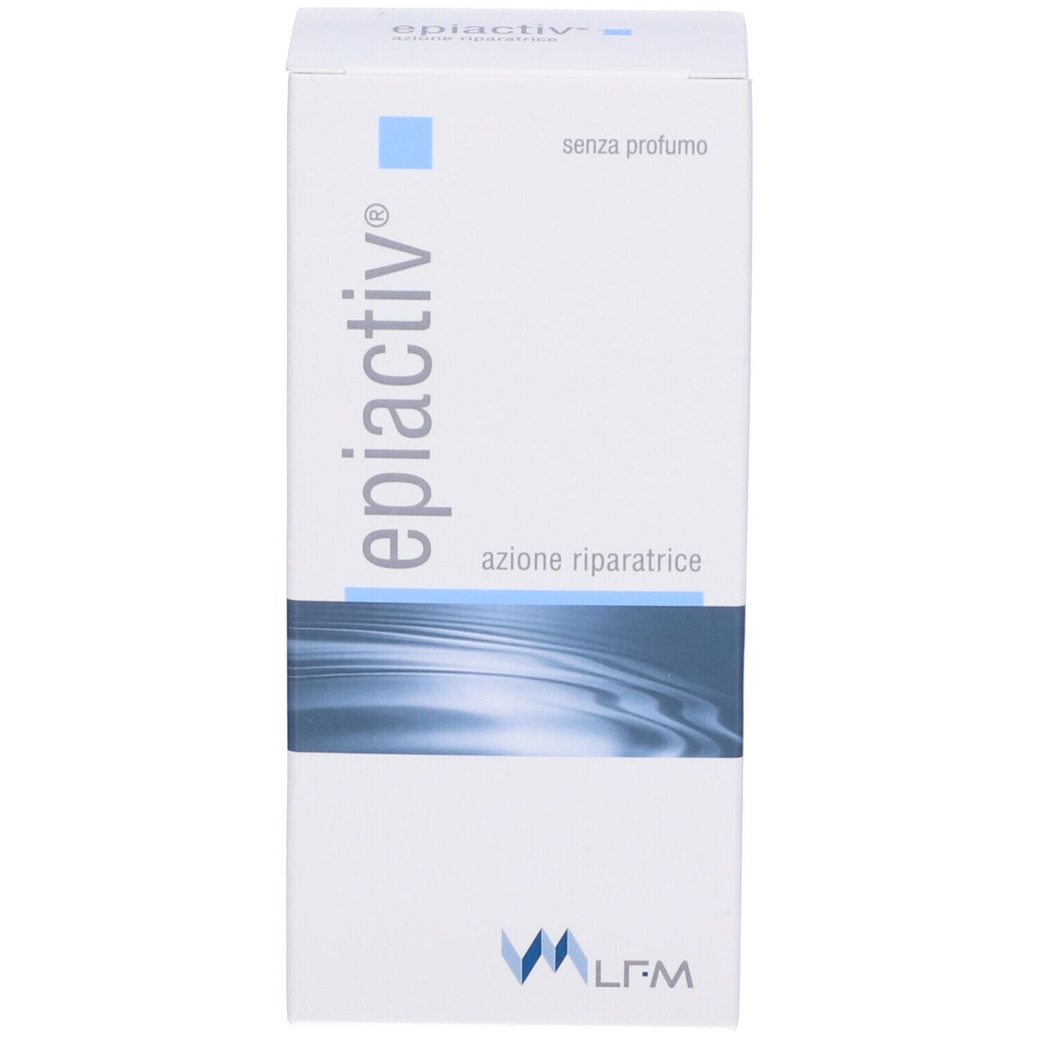 Scatola bianca con testo blu: epiactiv, azione riparatrice, senza profumo. Logo.