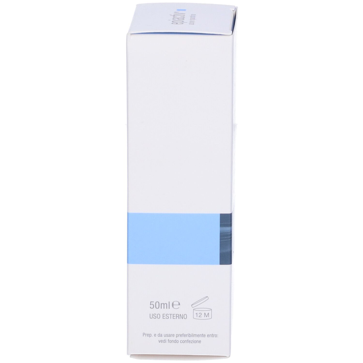 Scatola bianca. Testo: 50ml, Uso Esterno, 12M. Marchio blu.