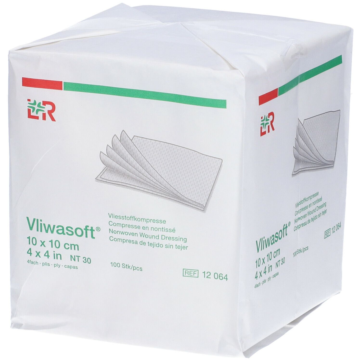 Compresse Vliwasoft 10 x 10 cm, 100 pezzi. Confezione con immagine e testo del prodotto. Dispositivo medico.