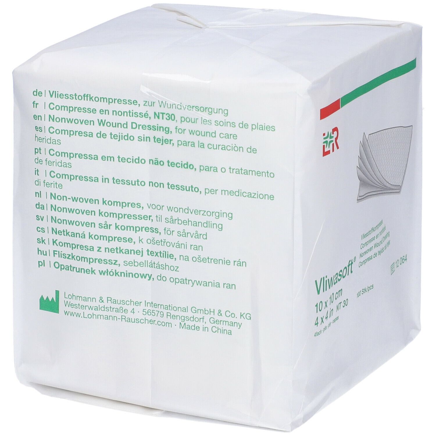 Confezione di compresse Vliwasoft. Testo multilingue. Informazioni sul produttore e logo.