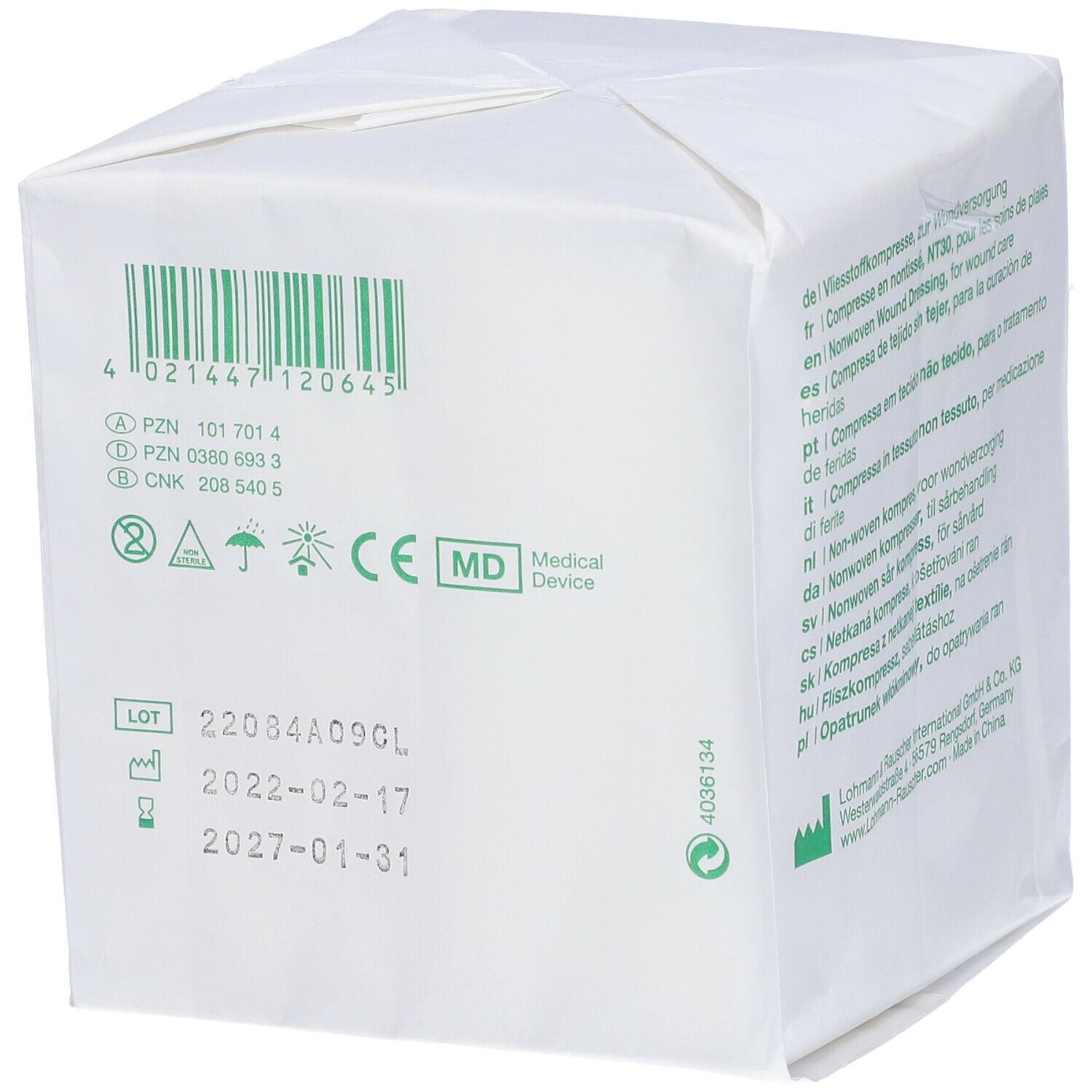 Confezione di compresse Vliwasoft. Codice a barre, numero di lotto, data di scadenza e marcatura CE.