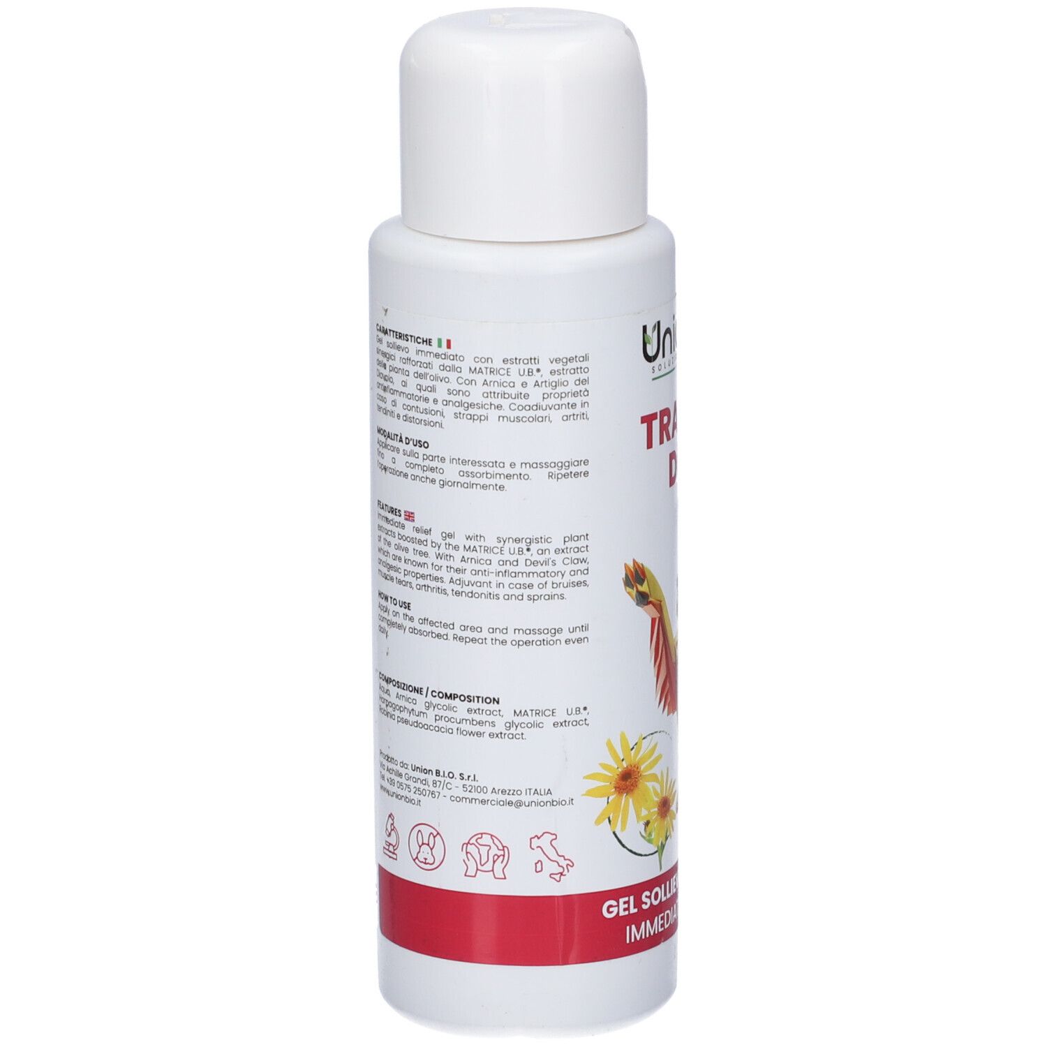 Rückseite der weißen Flasche. Text in italienischer Sprache. Abbildung von Sonnenblumen und einem Hund. Roter Streifen unten.