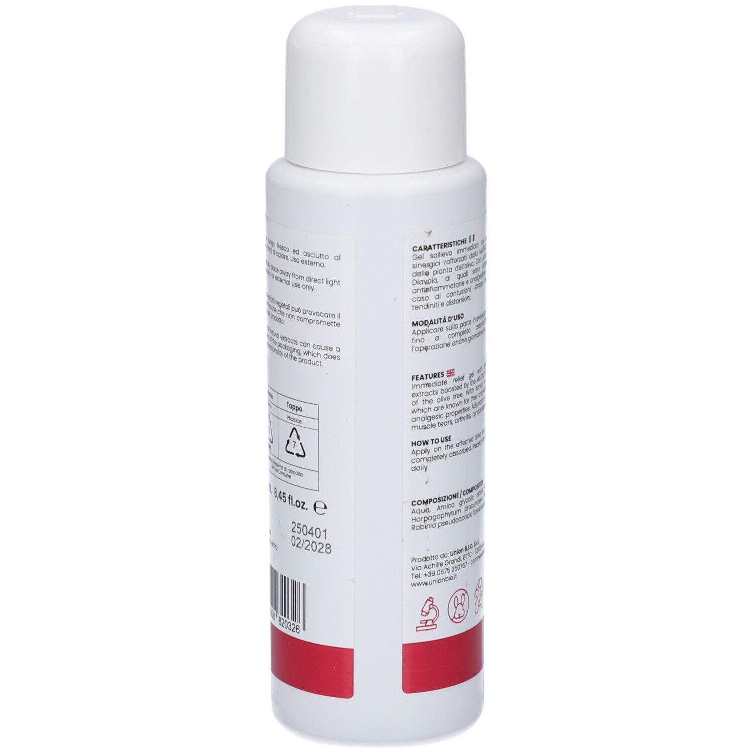 Rückseite der weißen Flasche. Text in italienischer Sprache. Recycling-Symbole. Roter Streifen unten. Barcode und Chargennummer.