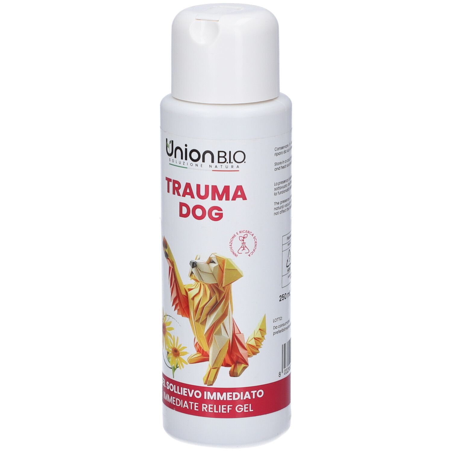 Weiße Flasche mit weißem Deckel. Aufschrift: TRAUMA DOG, Union B.I.O. Logo. Abbildung eines Hundes und Sonnenblumen. Roter Streifen unten.