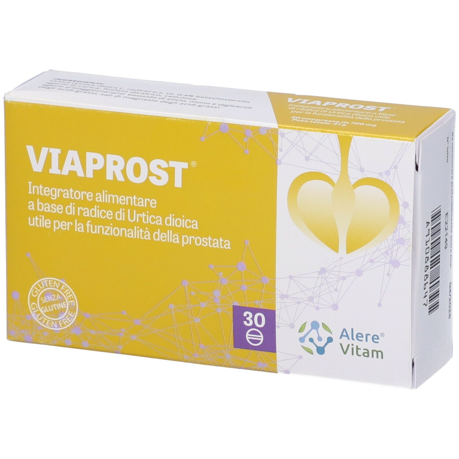 Confezione Viaprost. Sfondo giallo con nome del prodotto e logo. Contiene 30 compresse.