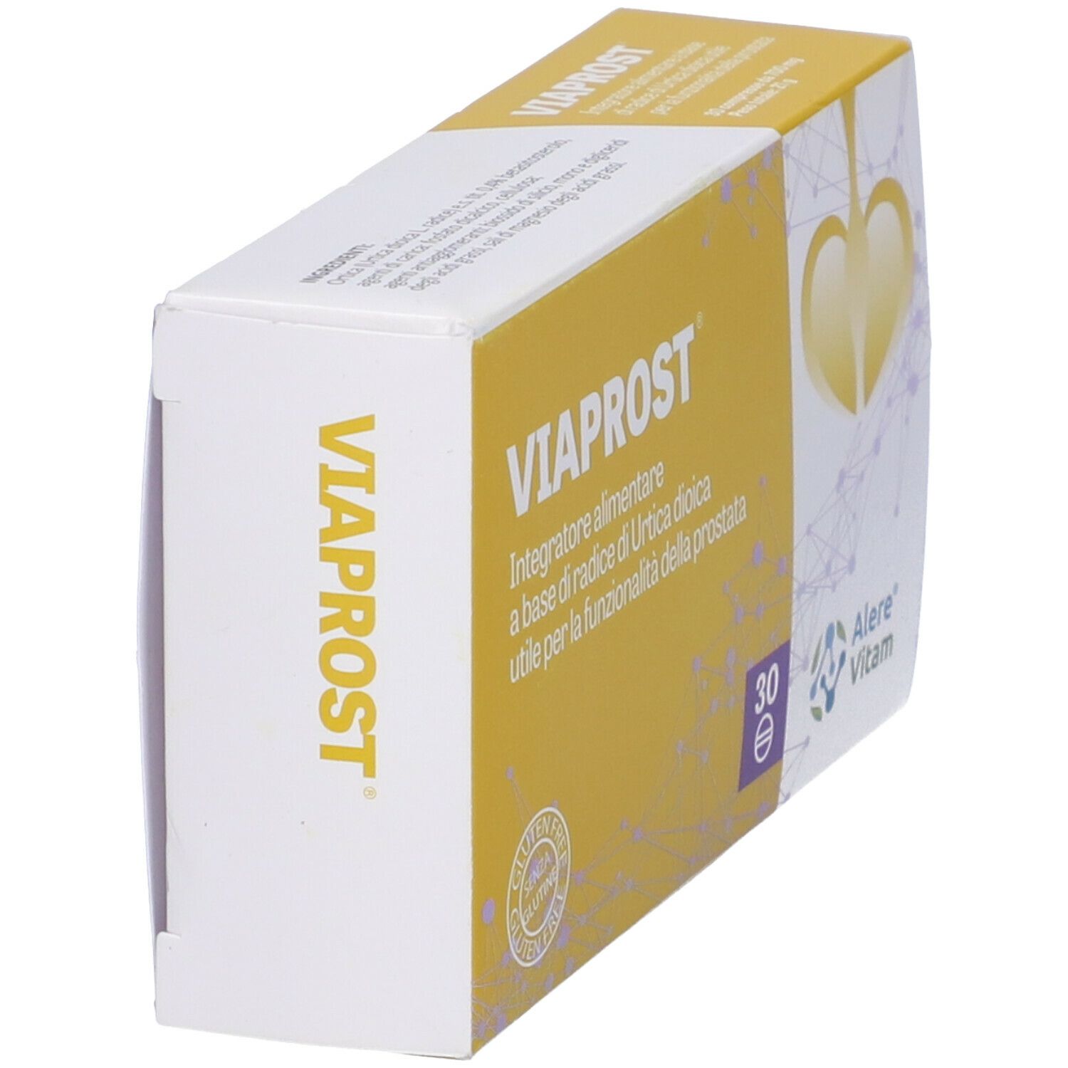 Confezione Viaprost, angolata. Nome del prodotto e logo su sfondo giallo. Contiene 30 compresse.