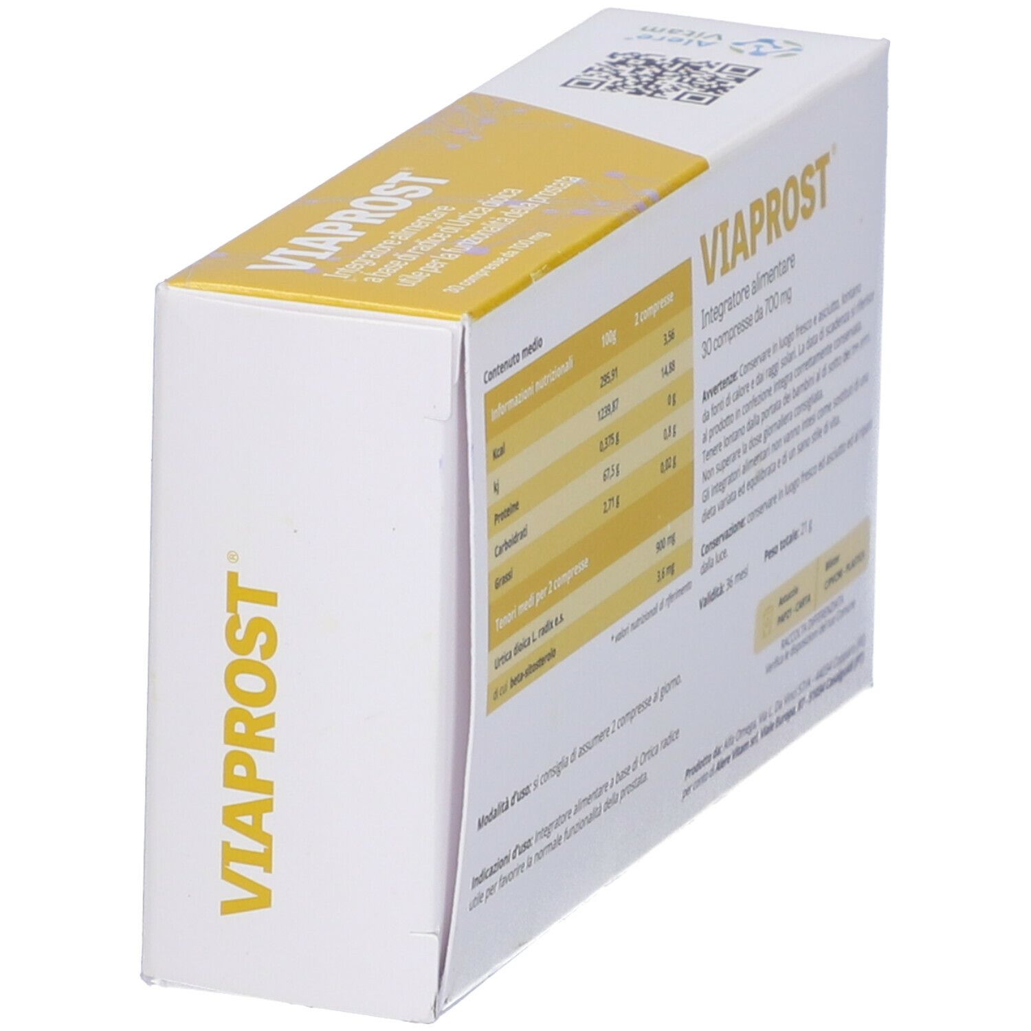 Confezione Viaprost, angolata. Contiene informazioni nutrizionali e sul prodotto.