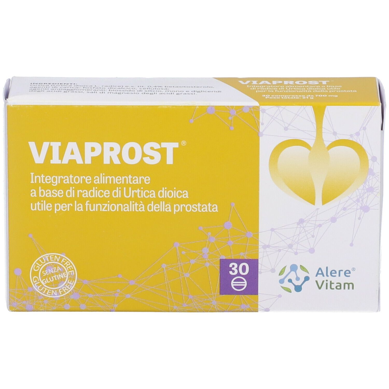Confezione Viaprost. Sfondo giallo con nome del prodotto e logo. Sigillo senza glutine.