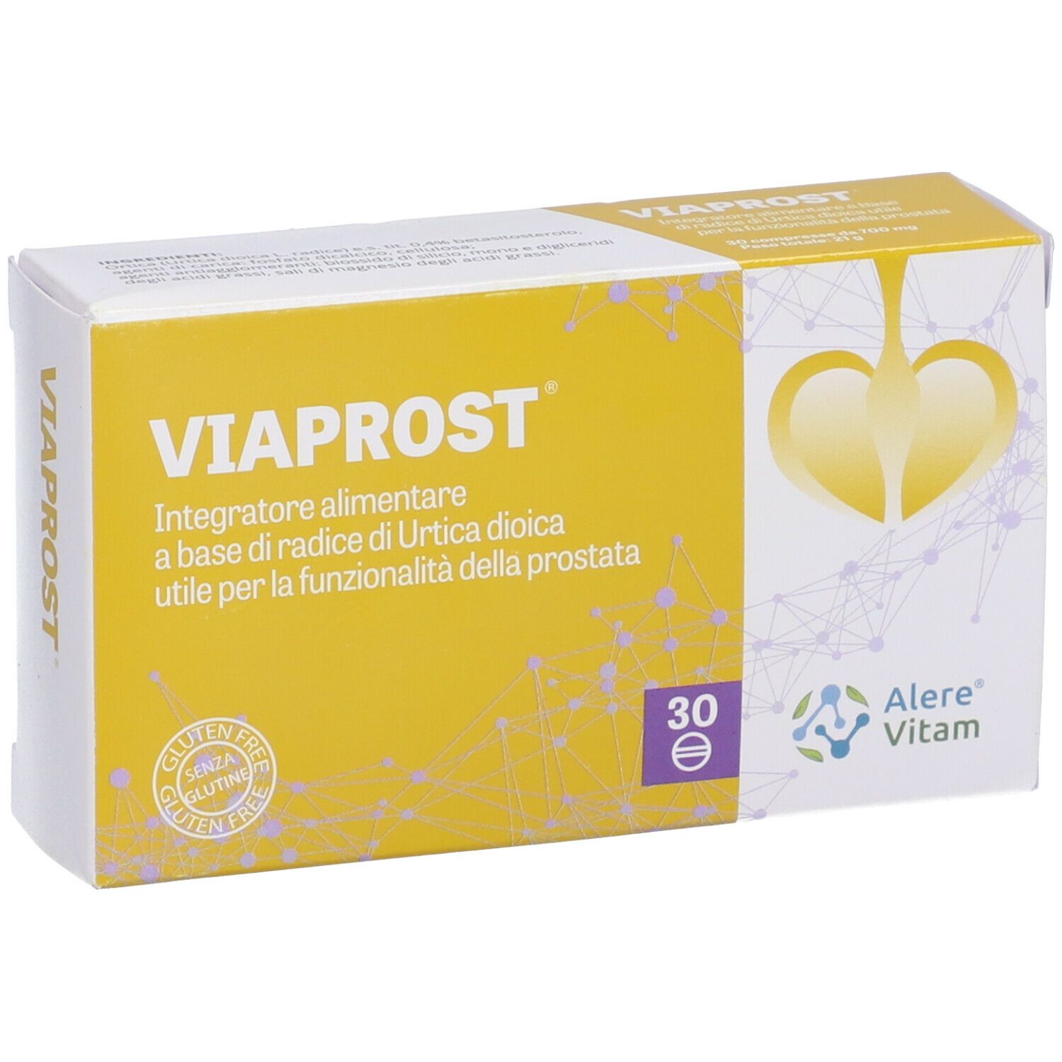 Confezione Viaprost. Sfondo giallo con nome del prodotto e logo. Sigillo senza glutine.