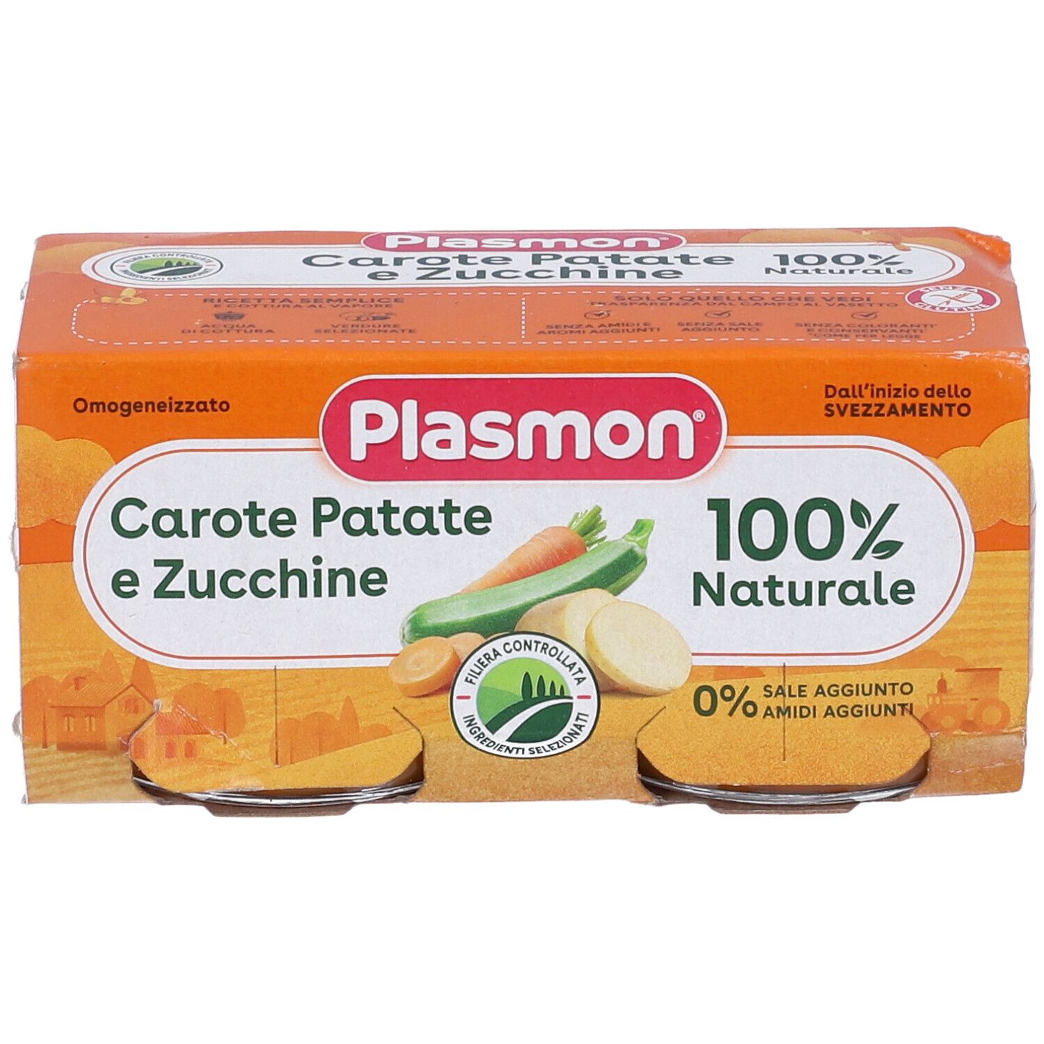 Verpackung mit Gläsern Plasmon Carote Patate e Zucchine. Orangefarbene Verpackung mit Produktnamen und Logo. 100% natürlich.