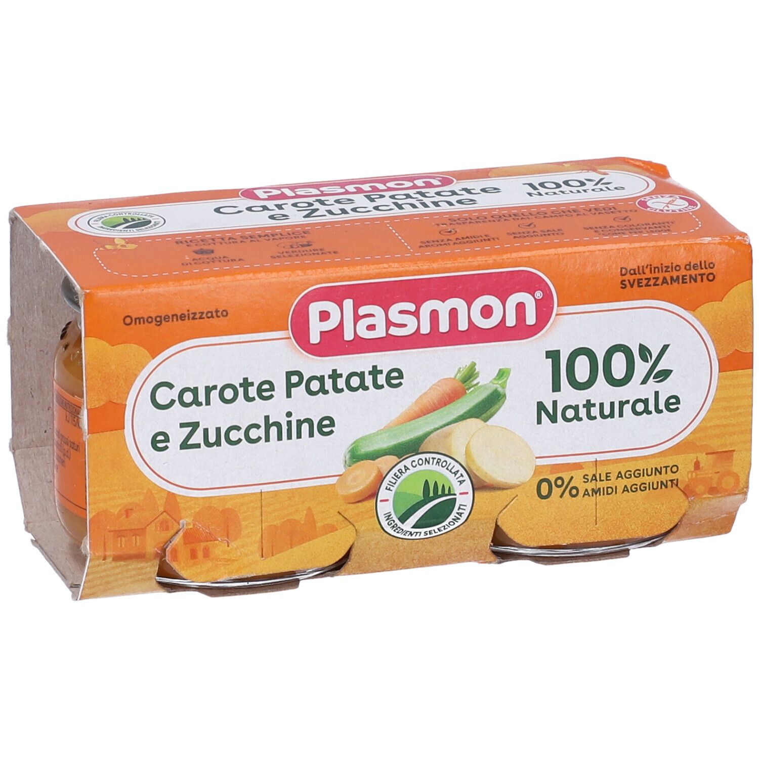 Verpackung mit Gläsern Plasmon Carote Patate e Zucchine. Orangefarbene Verpackung mit Produktnamen und Logo. 100% natürlich.