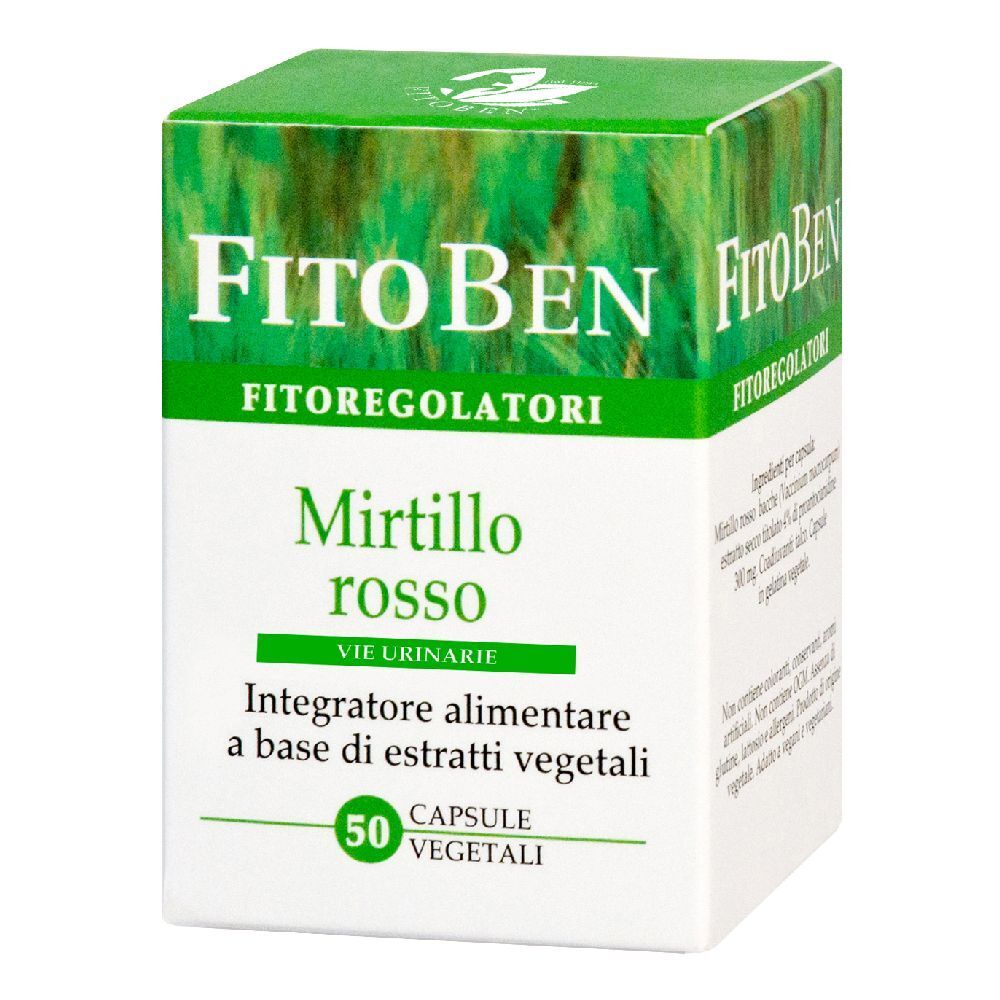 Scatola "FitoBen" con "Mirtillo rosso". Contiene 50 capsule vegetali. Confezione verde e bianca.
