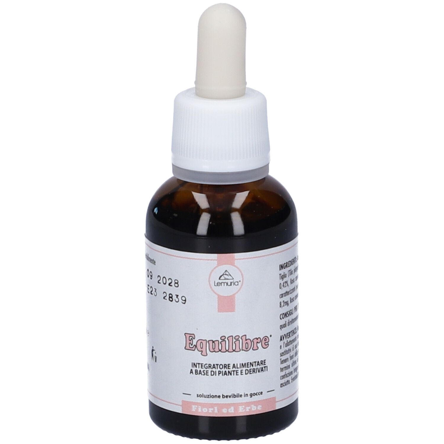 Braunglasflasche mit weißem Deckel und Pipette. Etikett mit Produktnamen und Inhaltsstoffen. Tropfen.