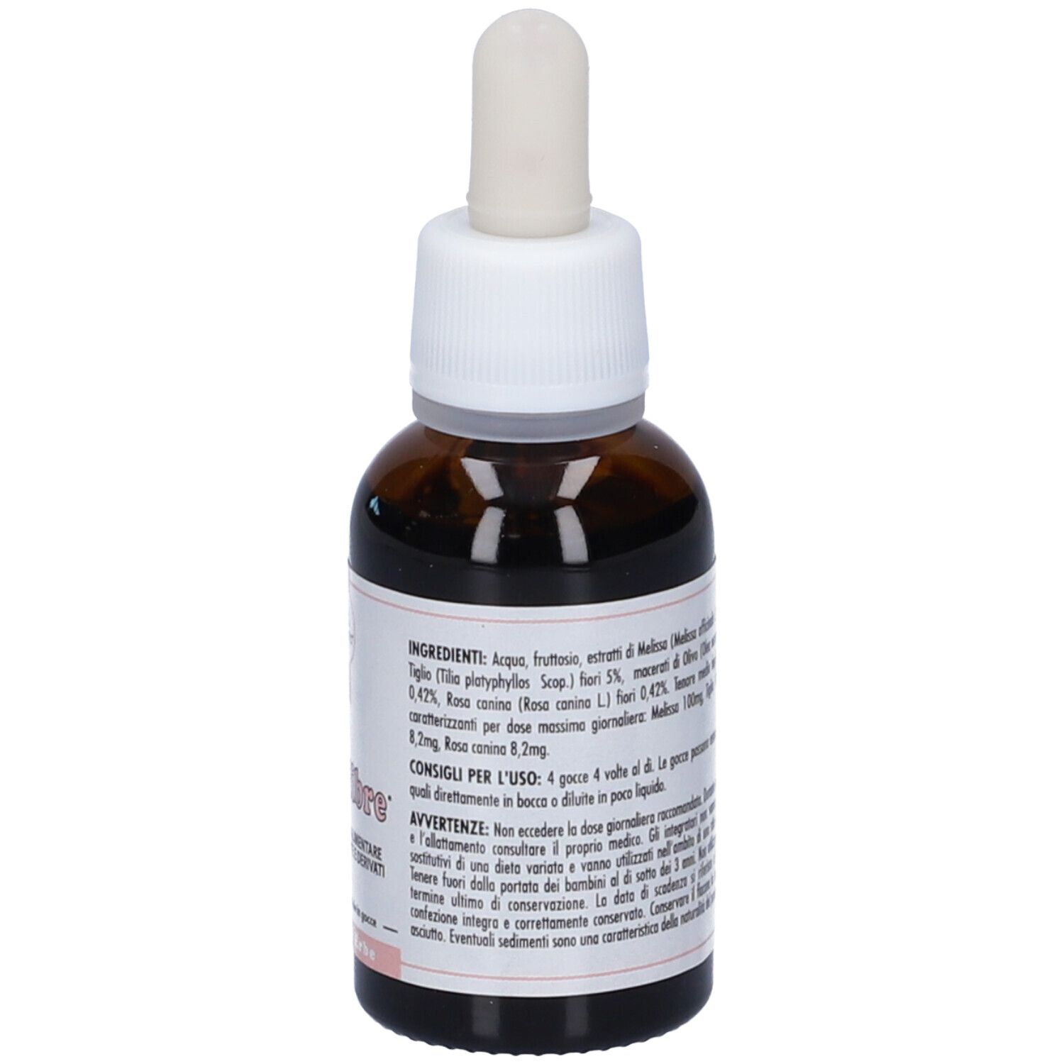 Braunglasflasche mit weißem Deckel und Pipette. Etikett mit Produktnamen und Inhaltsstoffen. Tropfen.