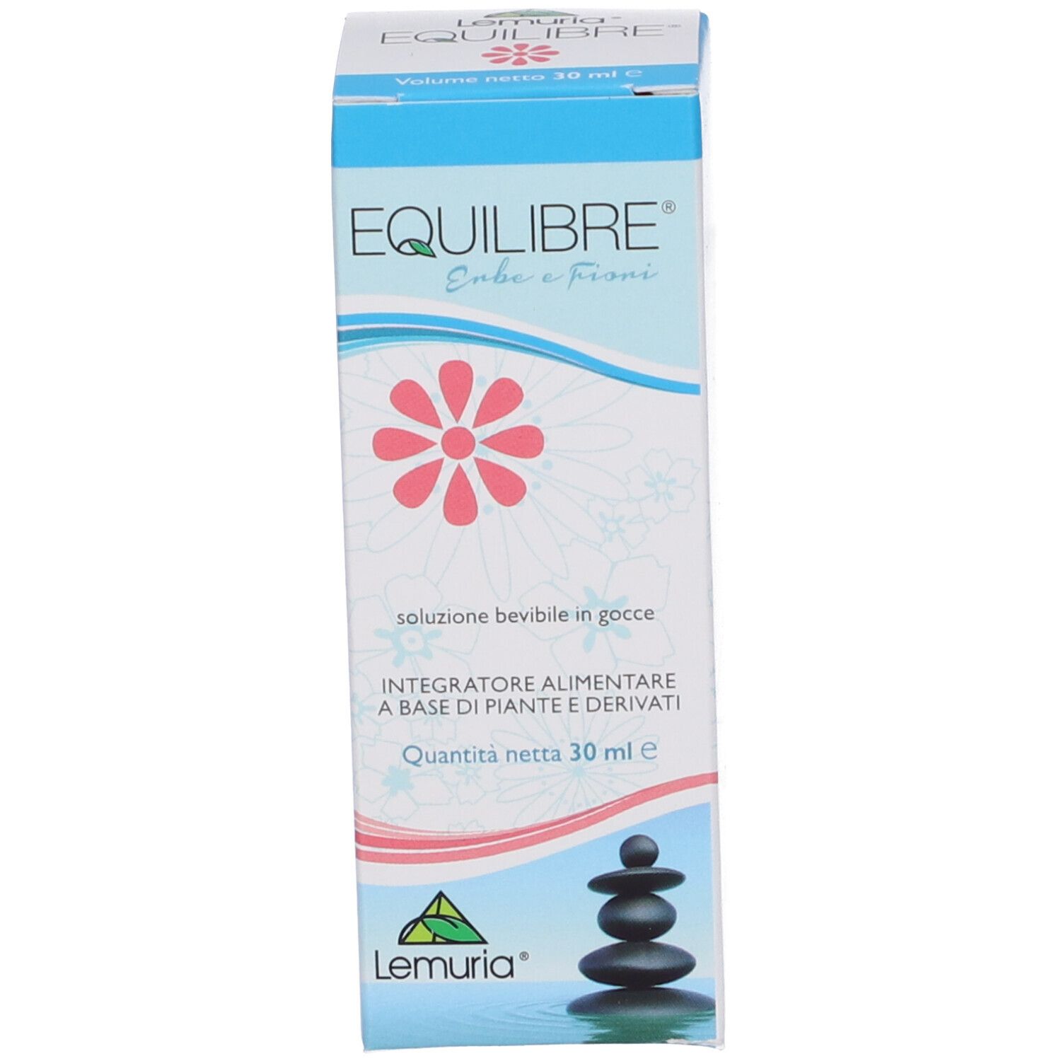 Kartonverpackung mit Produktnamen und floralem Design. Enthält Tropfen. Text in italienischer Sprache.