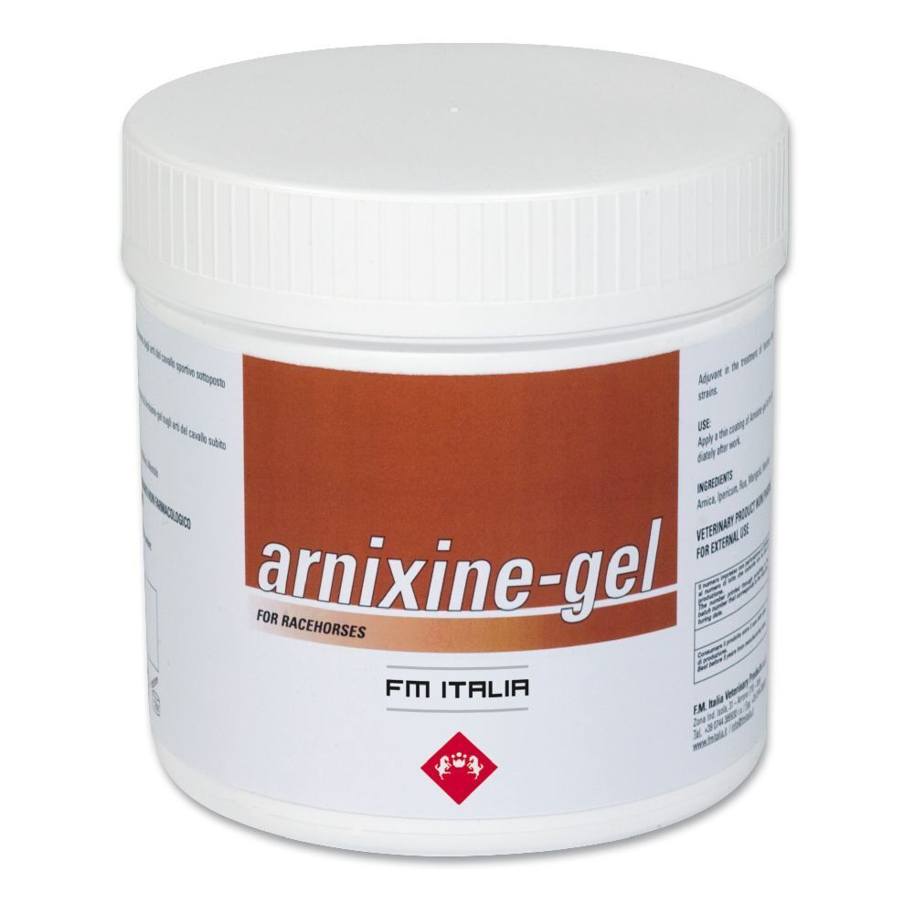 Vaso bianco con etichetta marrone. Scritta: arrixine-gel. Per cavalli da corsa. Logo FM ITALIA.