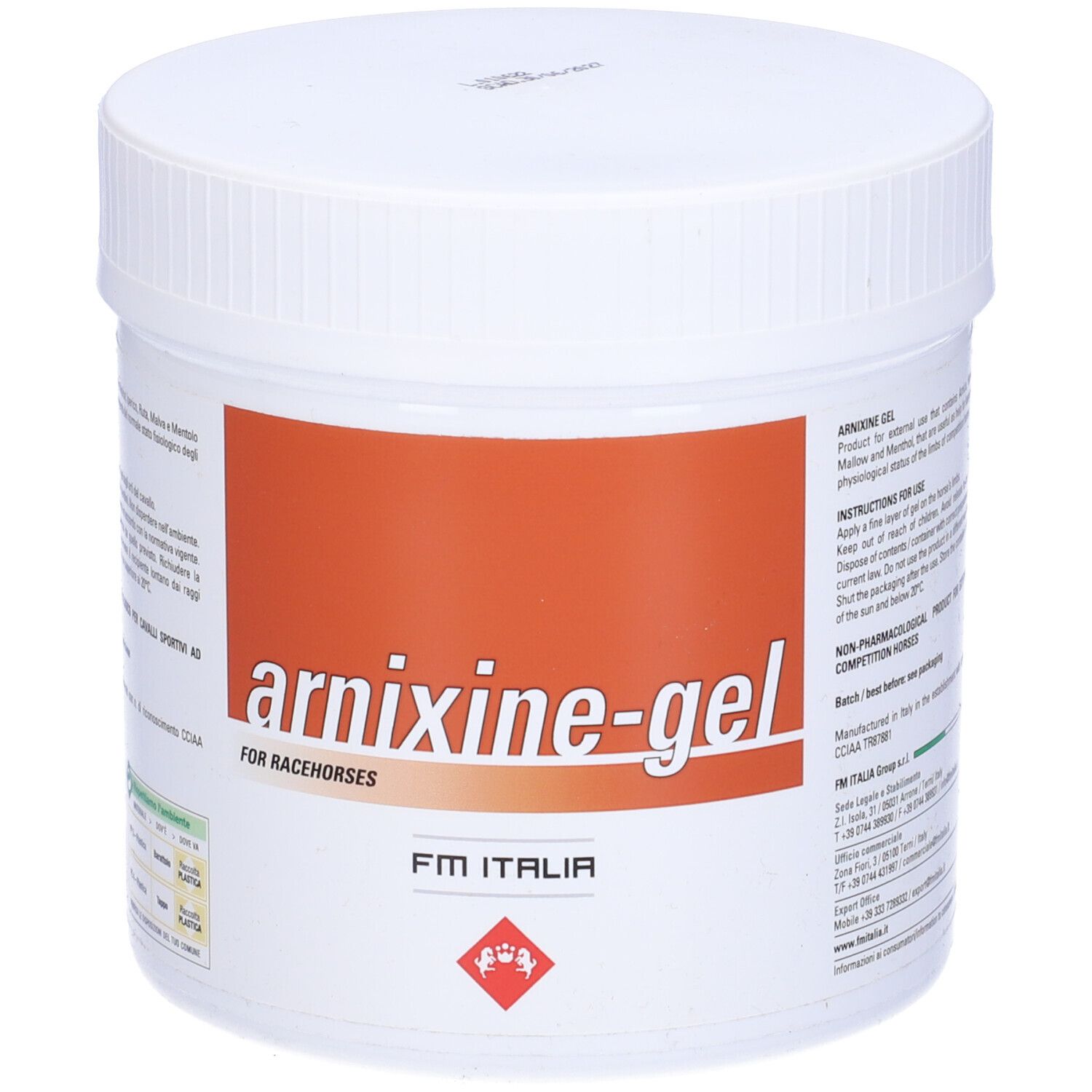Vaso bianco con etichetta marrone. Scritta: arrixine-gel. Per cavalli da corsa. Logo FM ITALIA.