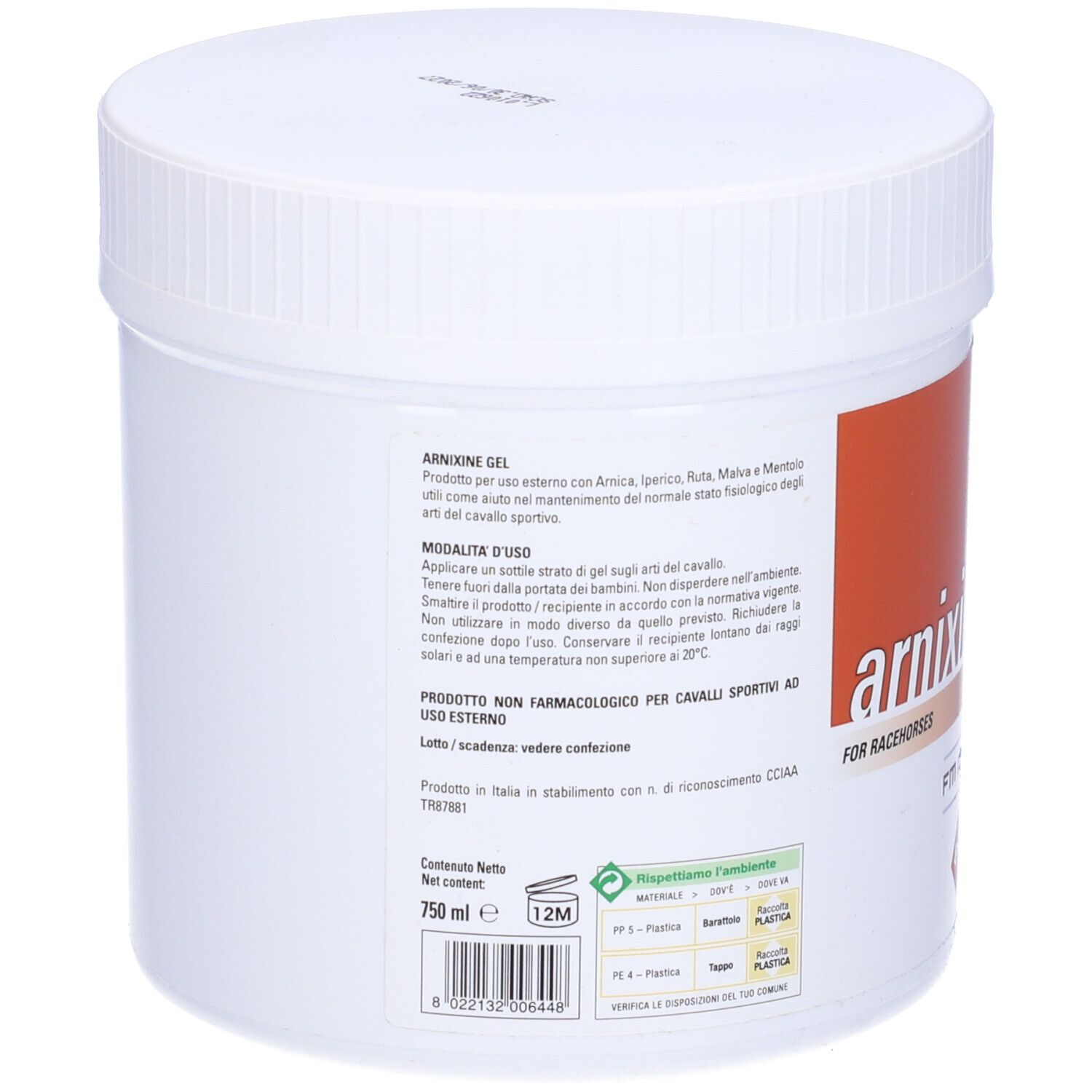 Vaso bianco con etichetta marrone. Scritta: arrixine-gel. Per cavalli da corsa. Logo FM ITALIA.