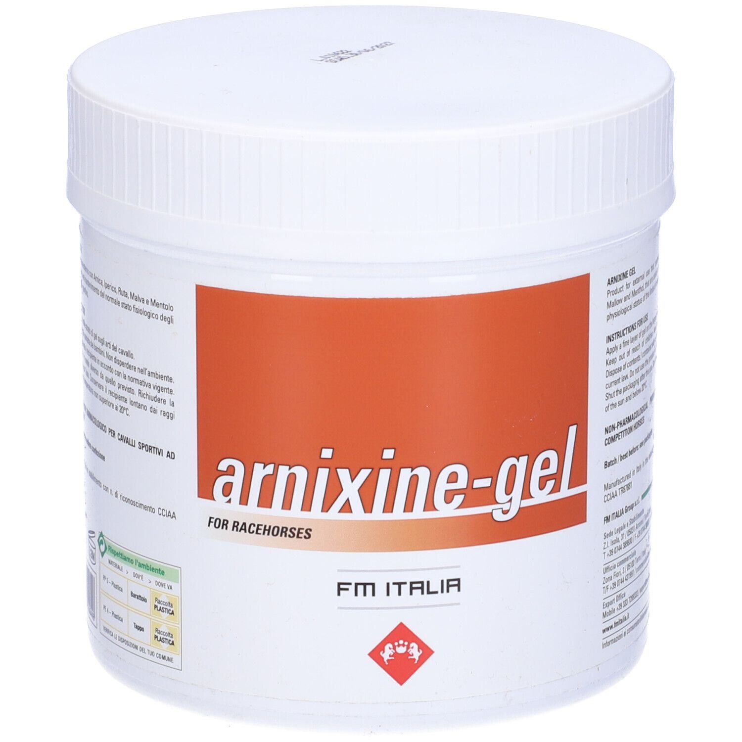 Vaso bianco con etichetta marrone. Scritta: arrixine-gel. Per cavalli da corsa. Logo FM ITALIA.