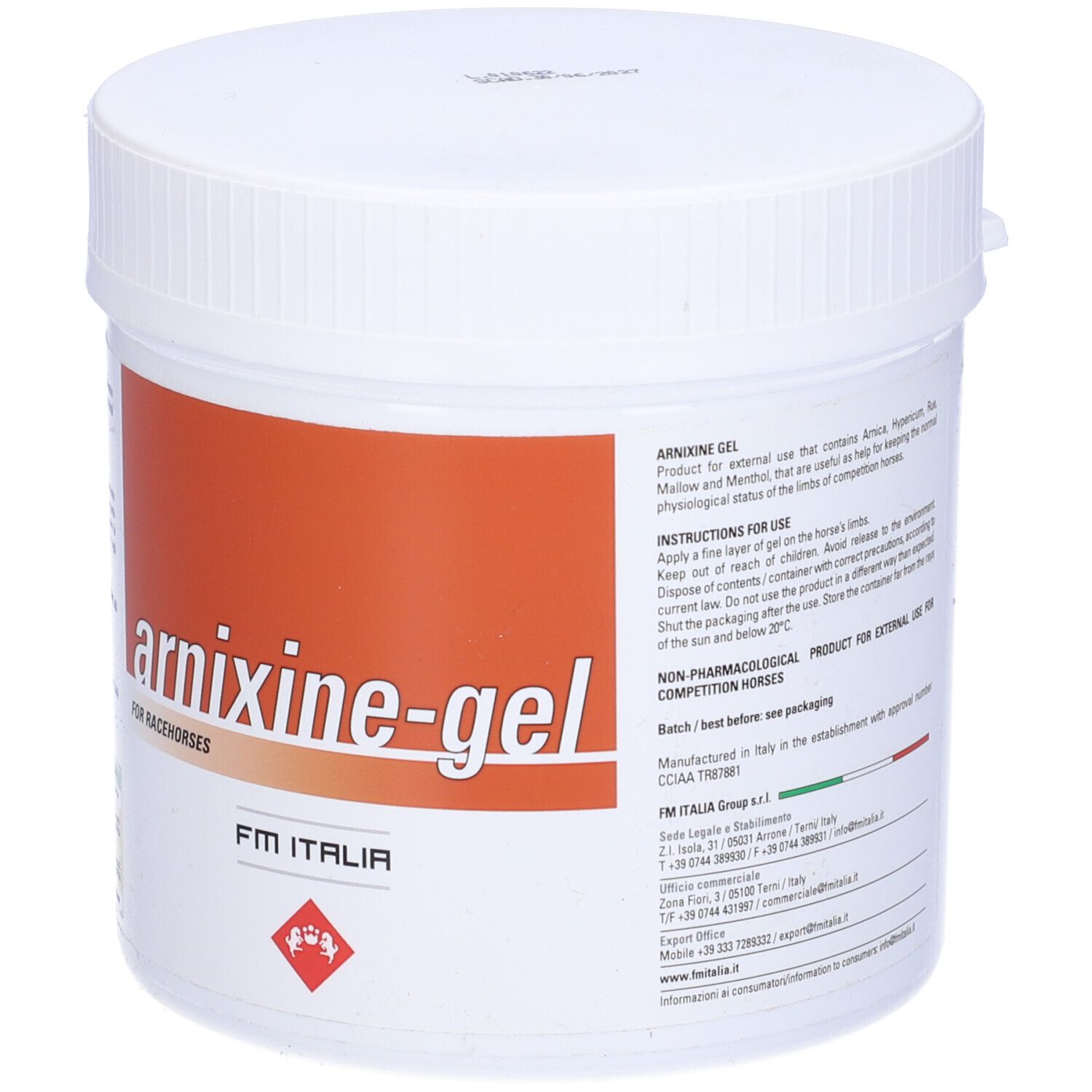 Vaso bianco con etichetta marrone. Scritta: arrixine-gel. Per cavalli da corsa. Logo FM ITALIA.