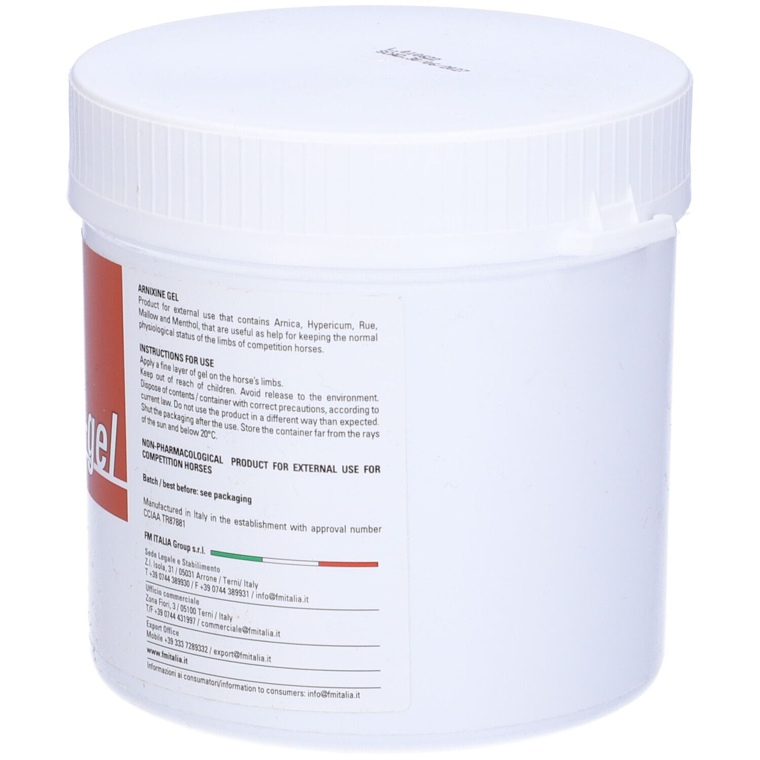 Vaso bianco con etichetta rossa. Scritta: arrixine-gel. Per cavalli da corsa. Logo FM ITALIA.
